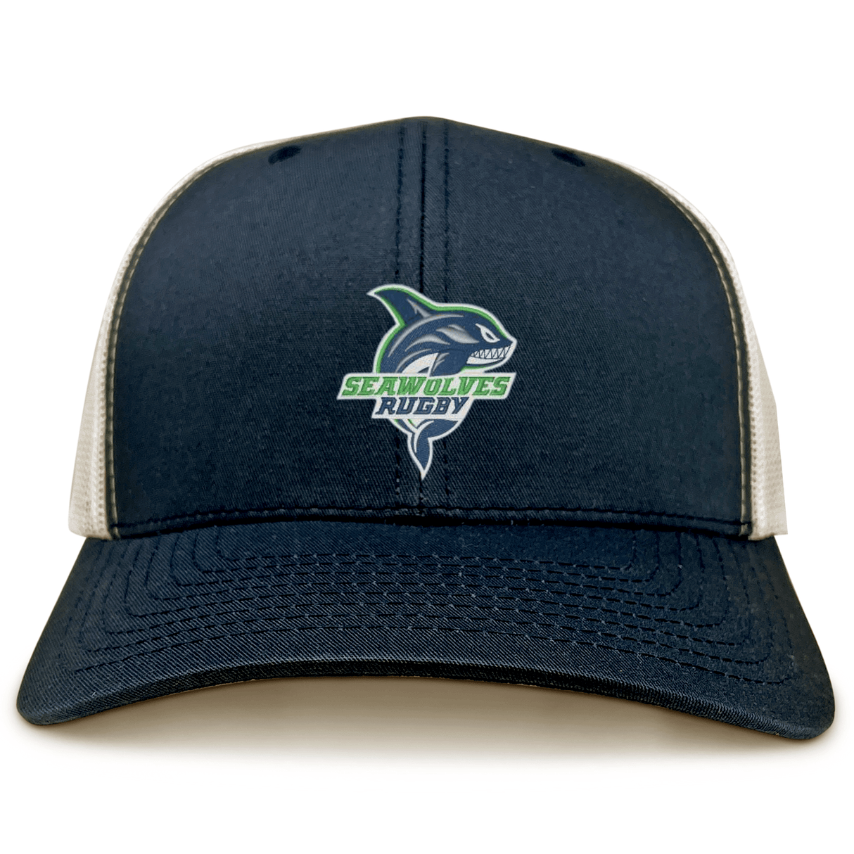 The Seattle Seawolves Retro Trucker Cap by EMB S&S Activewear is a navy blue cap with mesh back, snapback closure, and a front logo featuring a stylized wolf and shark fin.