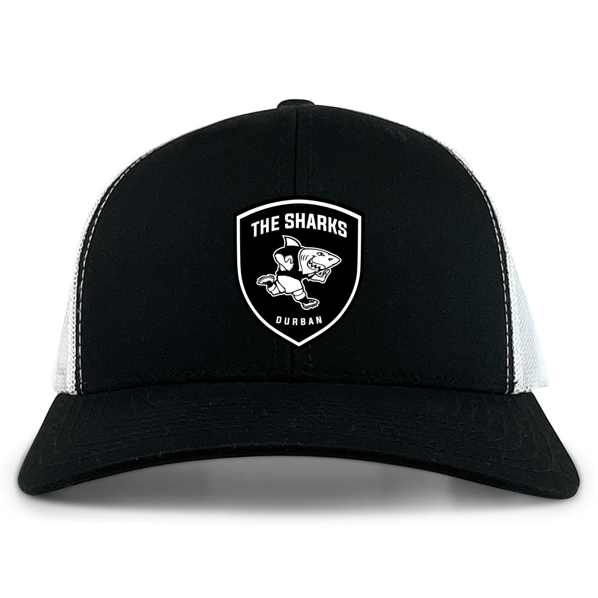 The Sharks Crest Retro Trucker Cap by EMB S&S Activewear features a black and white design with an embroidered Sharks crest and mascot on the front, celebrating the legendary South Africa Sharks.