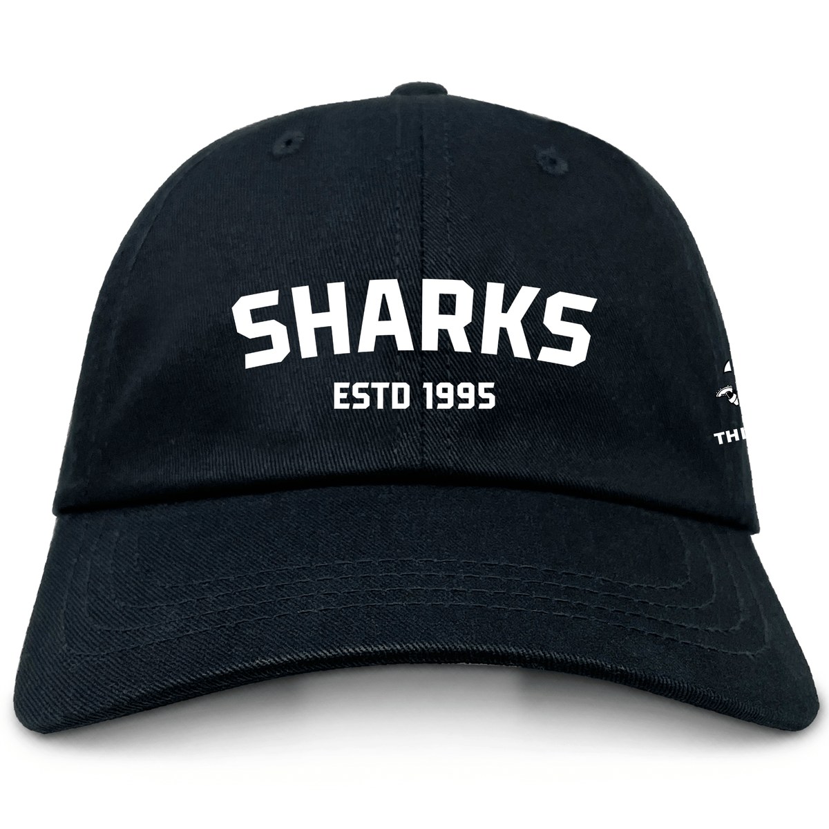 The Sharks 1995 Cotton Twill Dad Cap by EMB S&S Activewear features bold white "SHARKS" and "ESTD 1995" embroidery on the front.