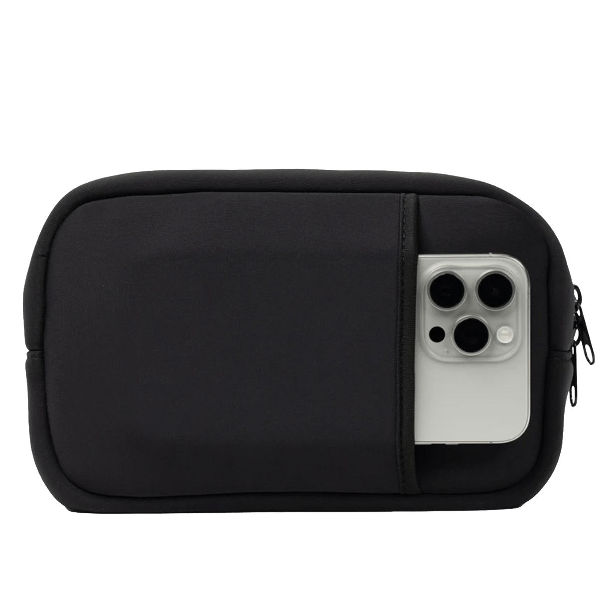 The SLB Original Side Line Bag is a black waterproof neoprene organizer for women, featuring a zippered pouch and external pocket holding a silver smartphone and camera lenses, displayed on a white background.