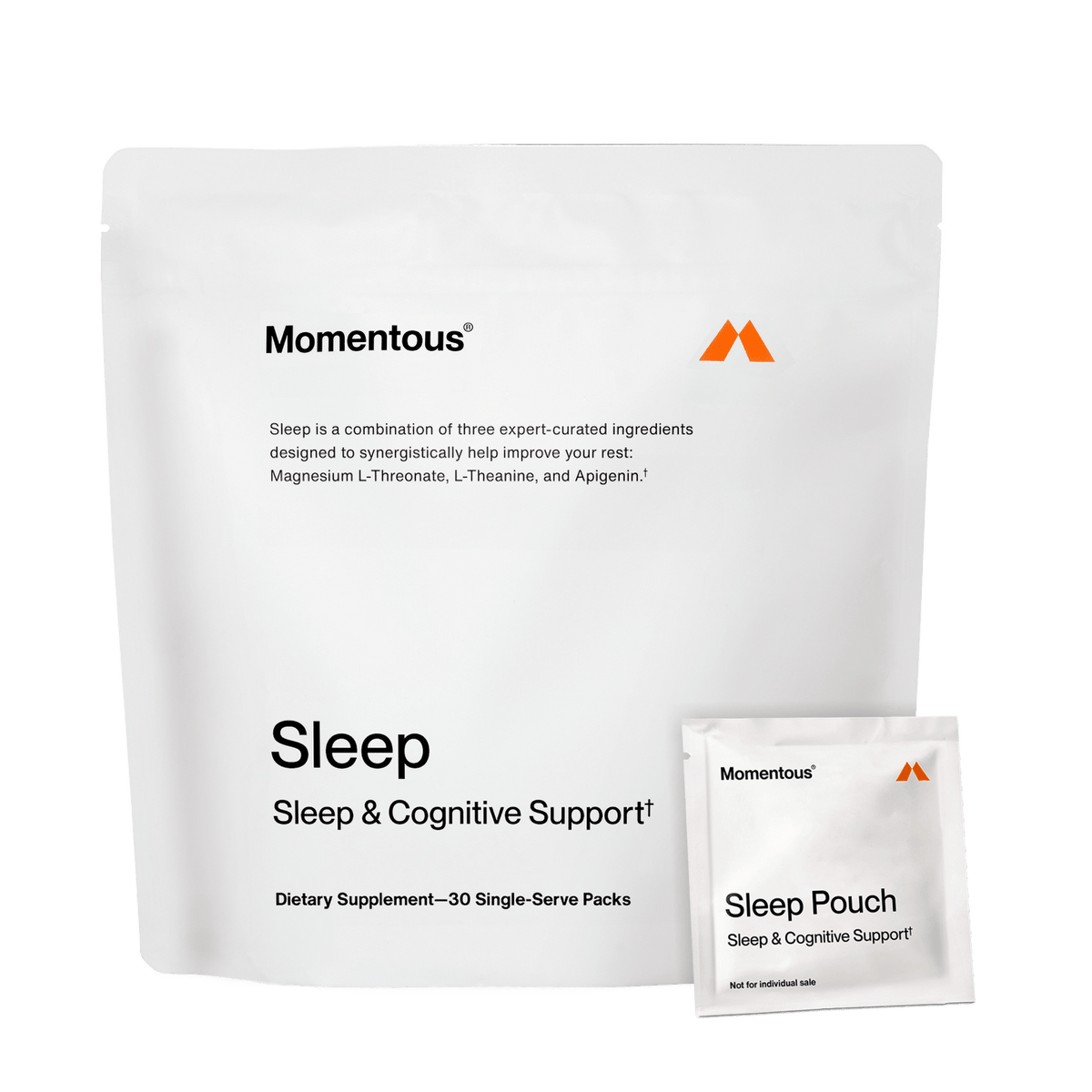 A white pouch labeled "Momentous Nightly Sleep 30-Pack" by Momentous, with magnesium L-threonate and melatonin-free sleep support, plus a smaller single-serve sleep pouch in front. Both display minimalist black and orange text.