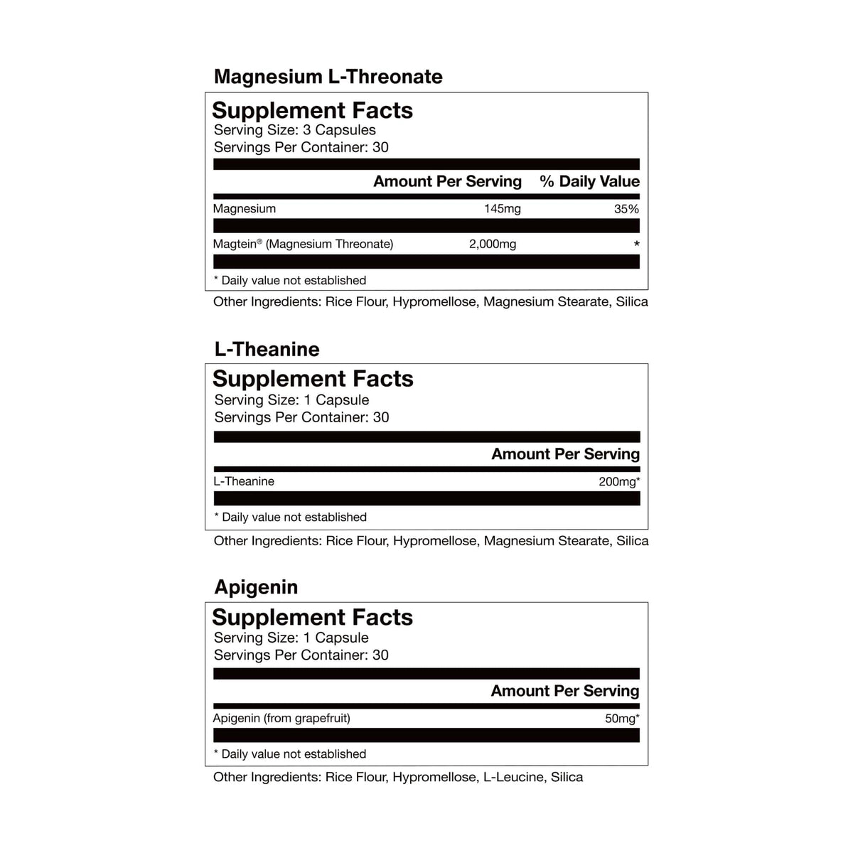 Momentous Nightly Sleep 30-Pack supplement facts labels show serving size, amount per serving, and other ingredients for Magnesium L-Threonate, L-Theanine, and Apigenin—ideal melatonin-free sleep support from Momentous.