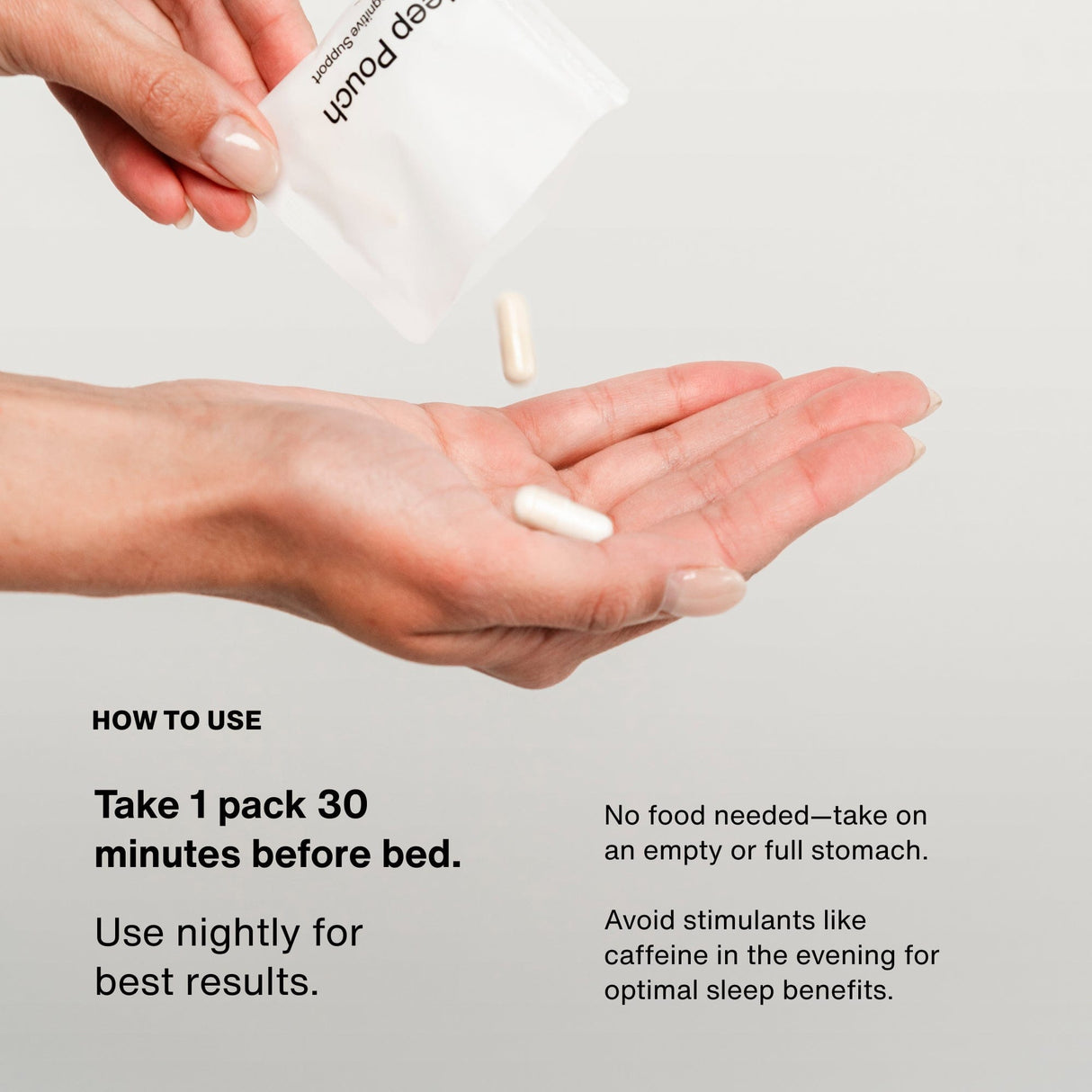 A person pours capsules from a white Momentous Nightly Sleep 5-Pack into their hand; instructions note nightly, non-habit forming use before bed.