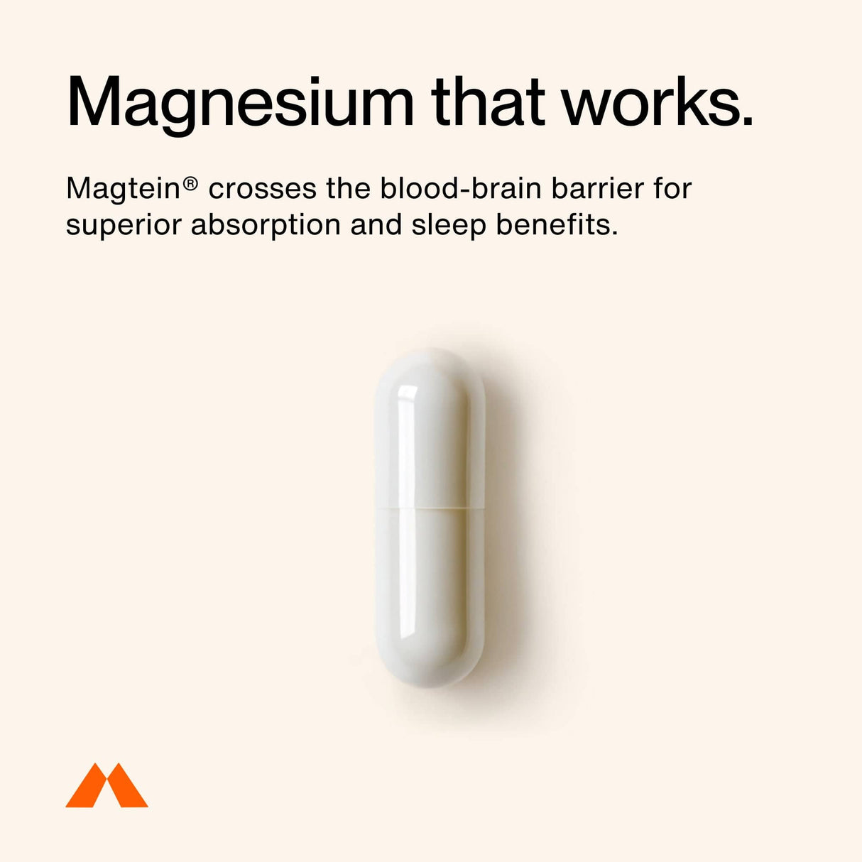 A white capsule pill is centered on a beige background with text highlighting Momentous Nightly Sleep 5-Pack’s Magnesium L-Threonate for better absorption and its non-habit forming sleep support. Orange Momentous logo appears in the bottom left corner.