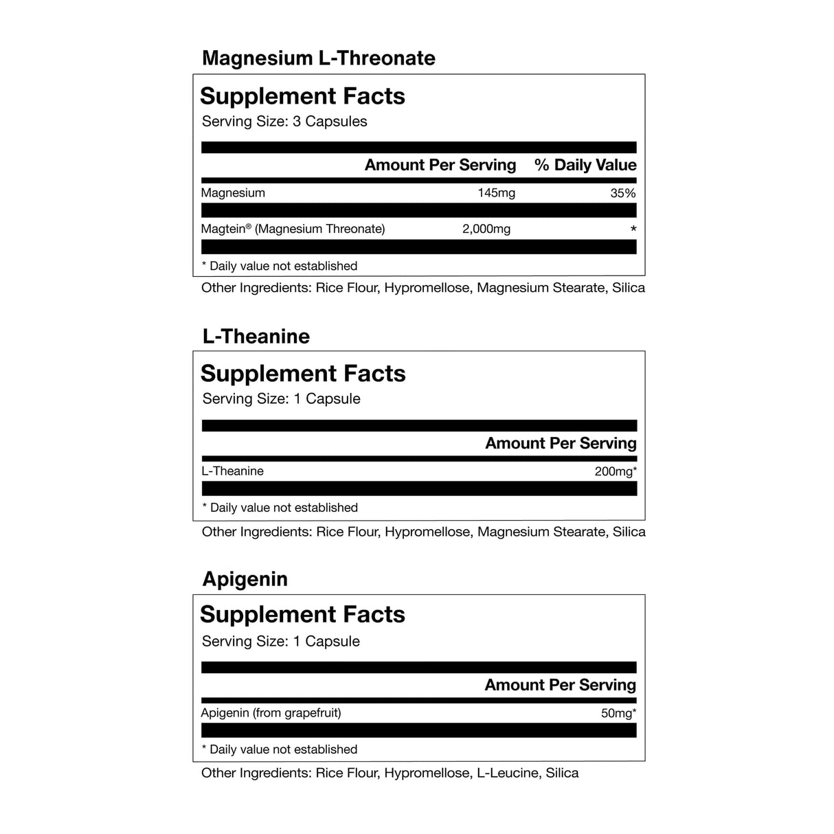 Three supplement labels display ingredients and serving sizes for the Momentous Nightly Sleep 5-Pack by Momentous, featuring Magnesium L-Threonate, L-Theanine, and Apigenin as non-habit-forming sleep aids.
