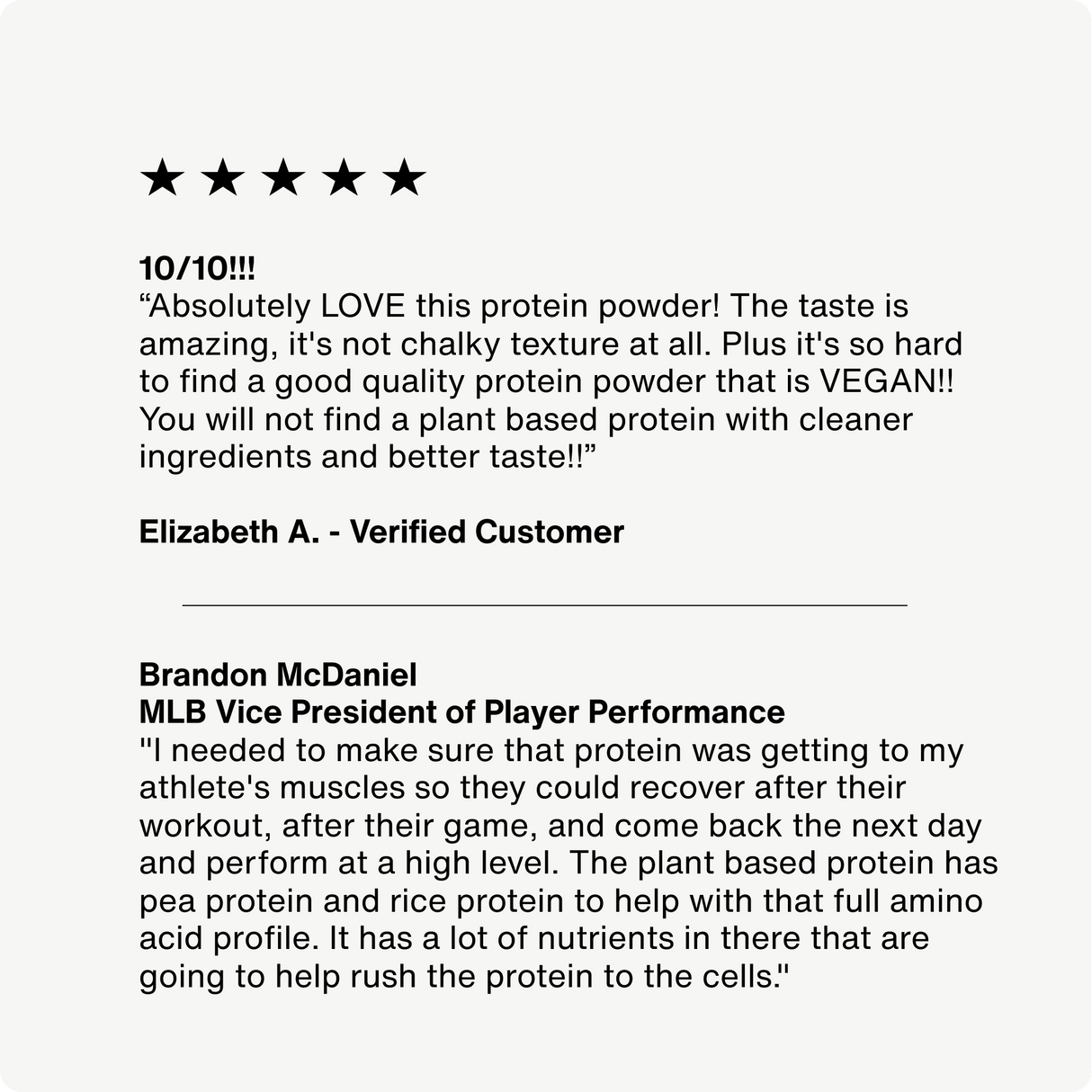 Five-star review for Momentous 100% Plant Protein Powder—NSF Certified for Sport—with praise for its taste, clean ingredients, complete amino acid profile, and performance benefits from a verified customer and an MLB player.