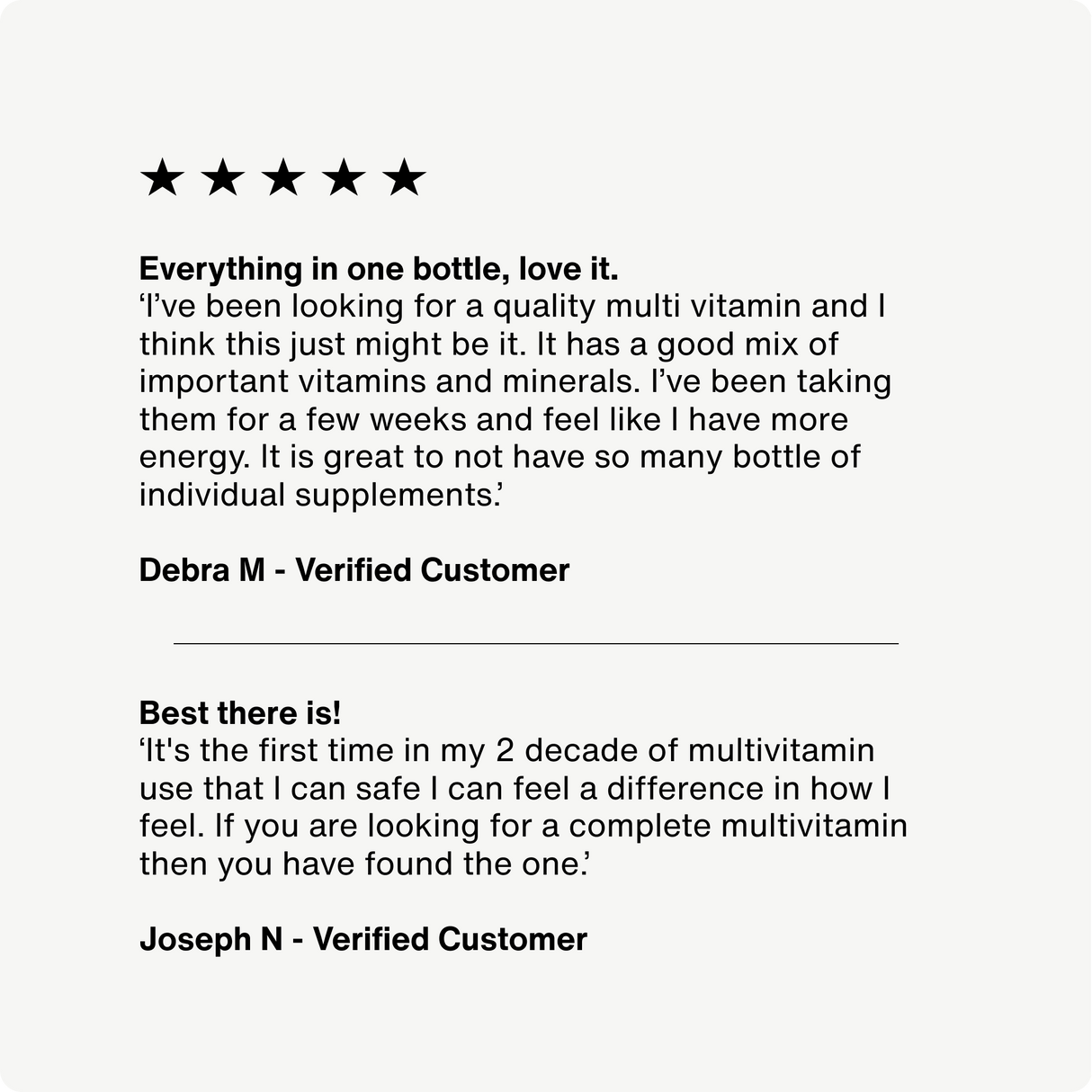 Screenshot showing two verified customer reviews for Momentous Multivitamin by Momentous, each giving five stars and praising its essential vitamins and immune support benefits.