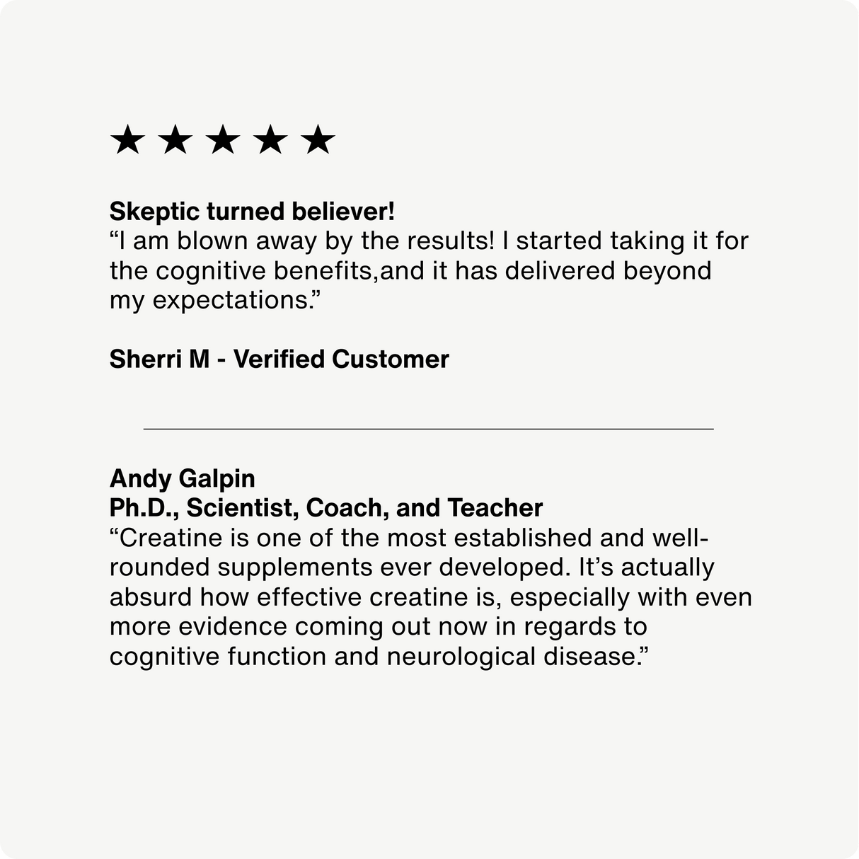 A testimonial and expert quote highlight the cognitive benefits of Momentous Creatine, with feedback from a verified customer and insights from Ph.D. Andy Galpin.