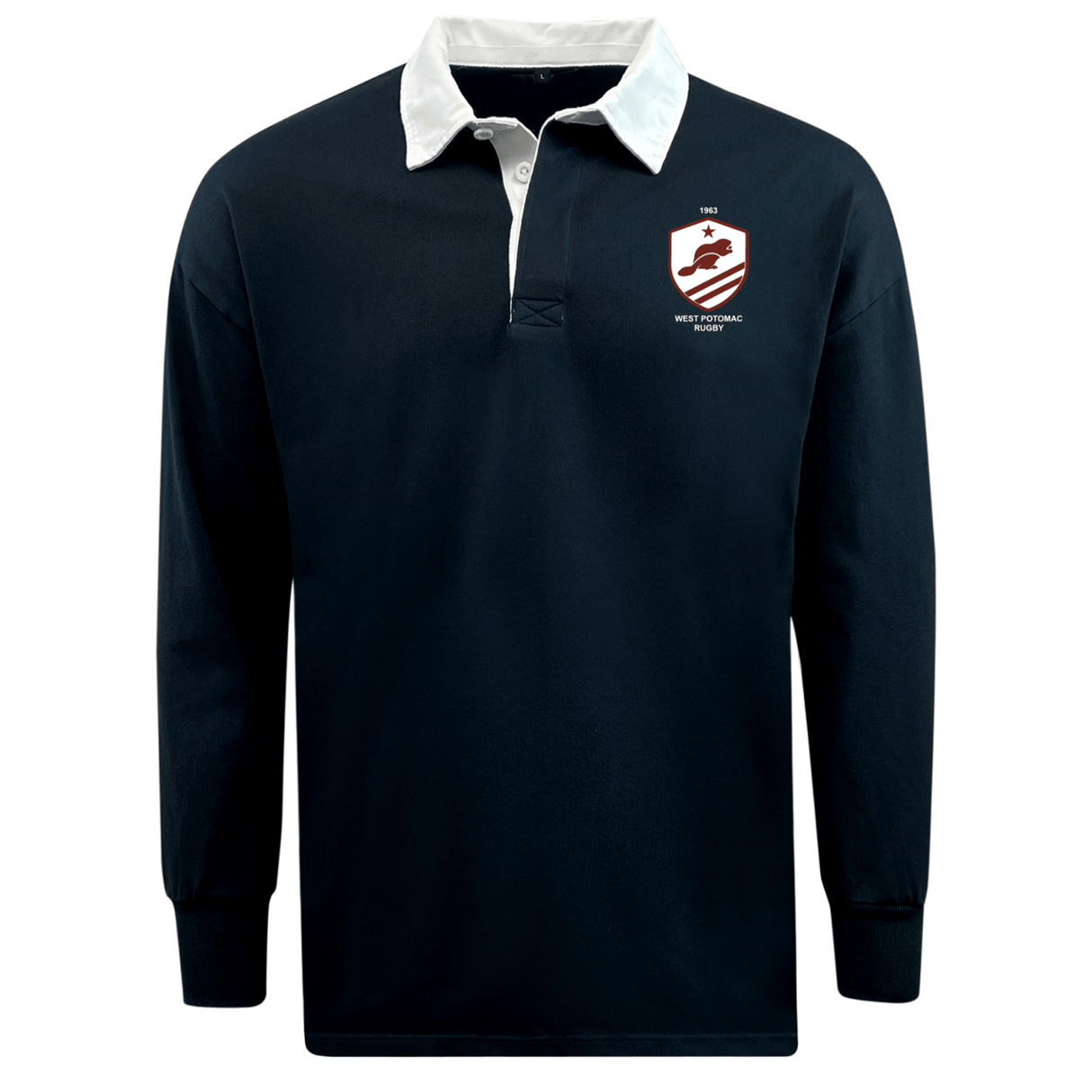 The EMB Mudoo West Potomac RFC Classic Long Sleeve Solid Rugby Jersey features a navy body, white collar, and the official school crest, crafted from a durable cotton-poly blend for comfort and style.