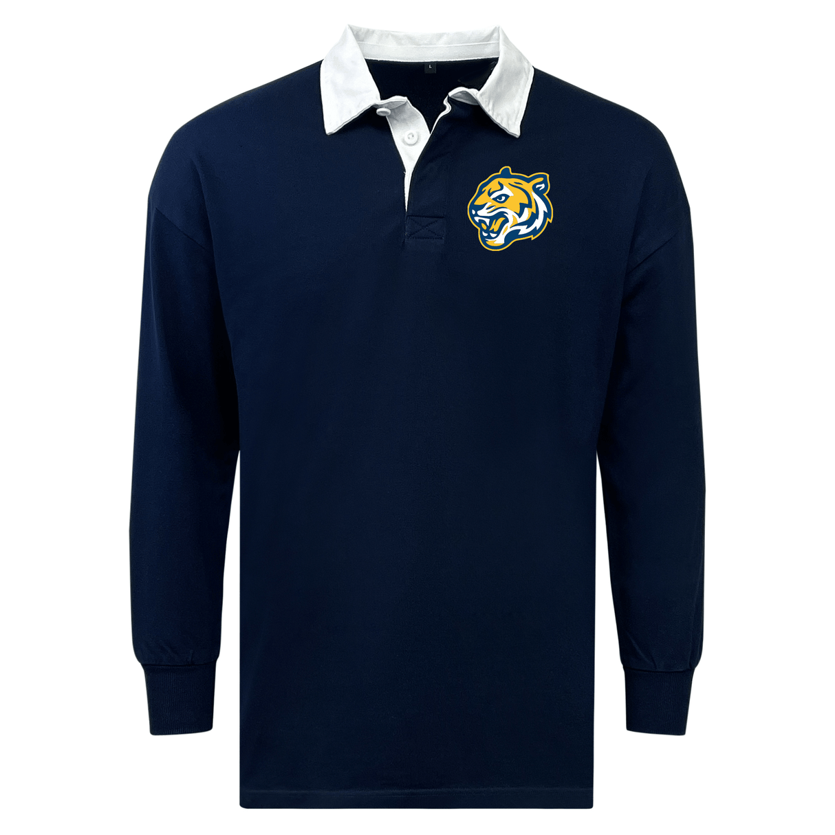 Navy blue Noble Street College Prep Classic Long Sleeve Solid Rugby Jersey with a white collar and a yellow and blue tiger logo on the left chest by EMB Mudoo.