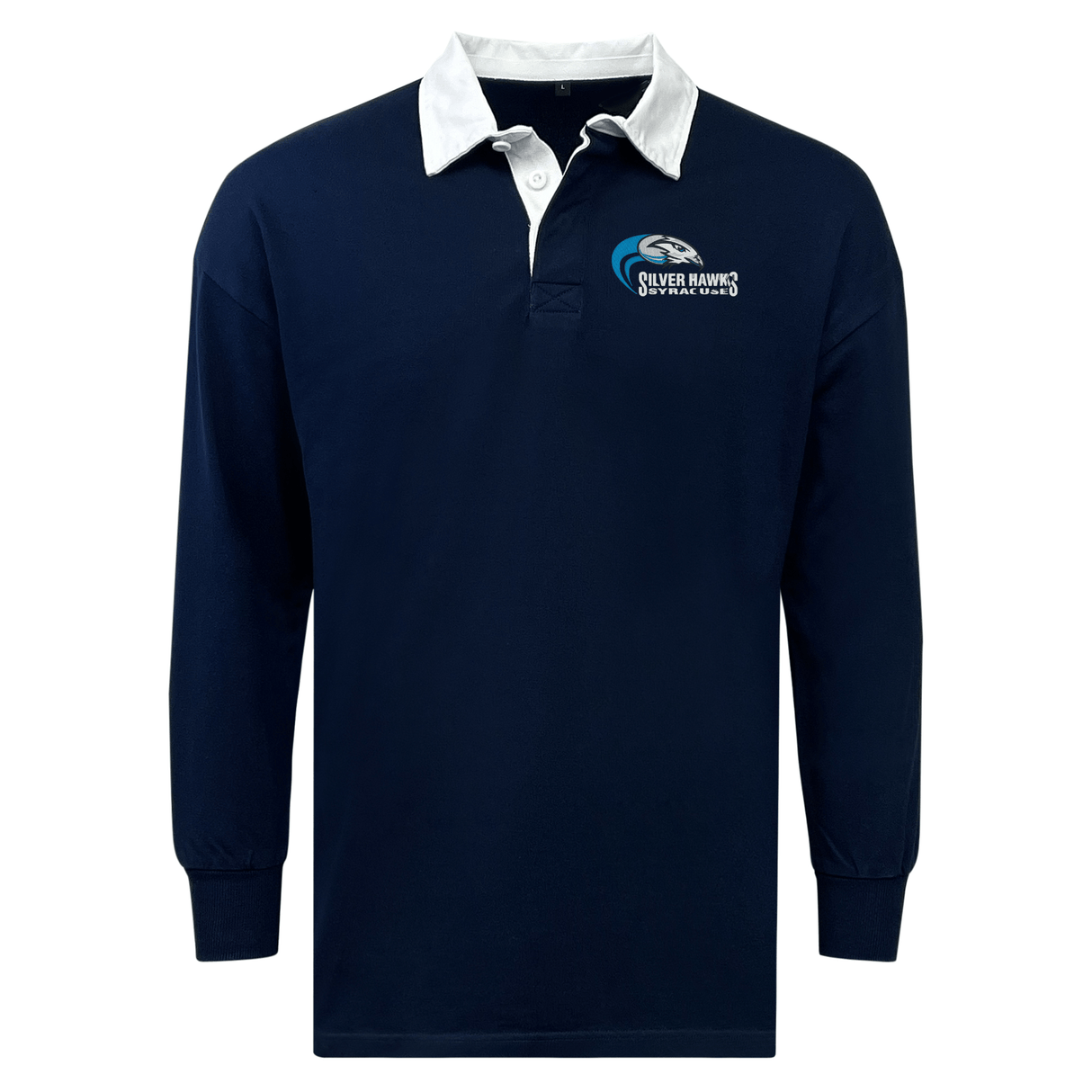 A navy blue long-sleeve polo shirt with a white collar and cuffed sleeves, crafted from a comfortable cotton/poly blend. The logo "Silver Hawks Rugby Club" is embroidered on the left chest, giving it the feel of a classic rugby jersey with a relaxed fit. The EMB Mudoo Syracuse Silver Hawks Classic Long Sleeve Solid Rugby Jersey combines style and comfort for a timeless look.