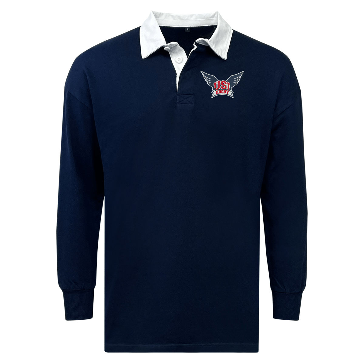 A University of Southern Indiana Classic Long Sleeve Solid Rugby Jersey in navy blue, this long-sleeve shirt by EMB Mudoo features a white collar and a crest with the letters "OSI" alongside an emblem of wings on the chest. Made from a cotton/poly blend, it's crafted for comfort with medium-weight jersey fabric.