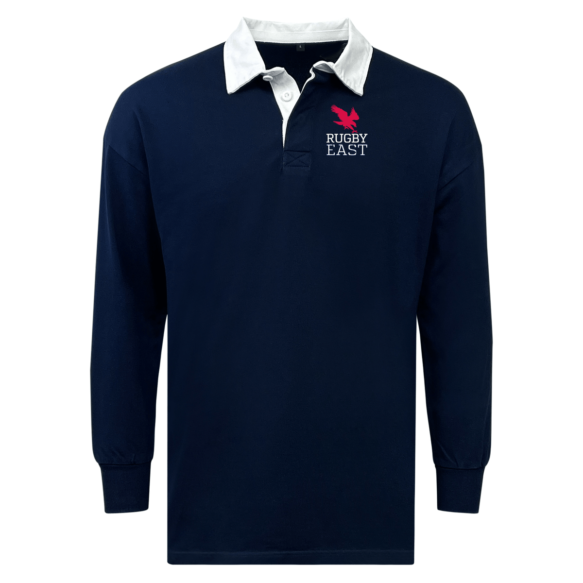 A navy blue long-sleeved Rugby East Conference Classic Long Sleeve Solid Rugby Jersey with a white collar and an "EMB Mudoo" logo in white and red on the left chest, made from a comfortable Cotton/Poly Blend.