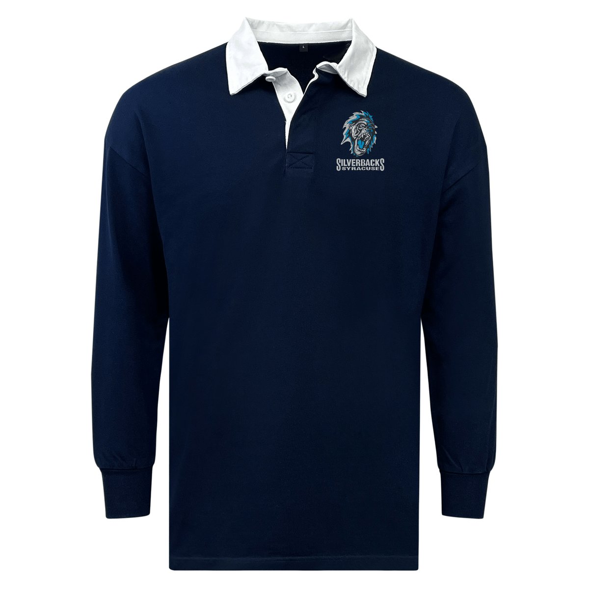 A navy blue, long-sleeved EMB Mudoo Syracuse Silverbacks Classic Long Sleeve Solid Rugby Jersey with a white collar and cuffs, reminiscent of a classic rugby jersey. This medium-weight cotton/poly blend features an embroidered "Silverbacks" logo with a gorilla face on the upper left chest.