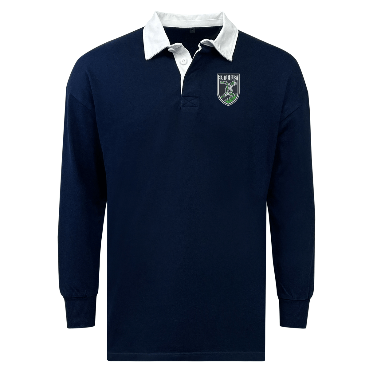 Seattle Rugby Club Classic Long Sleeve Solid Rugby Jersey in navy blue with a white collar and an embroidered crest on the left chest area by EMB Mudoo.