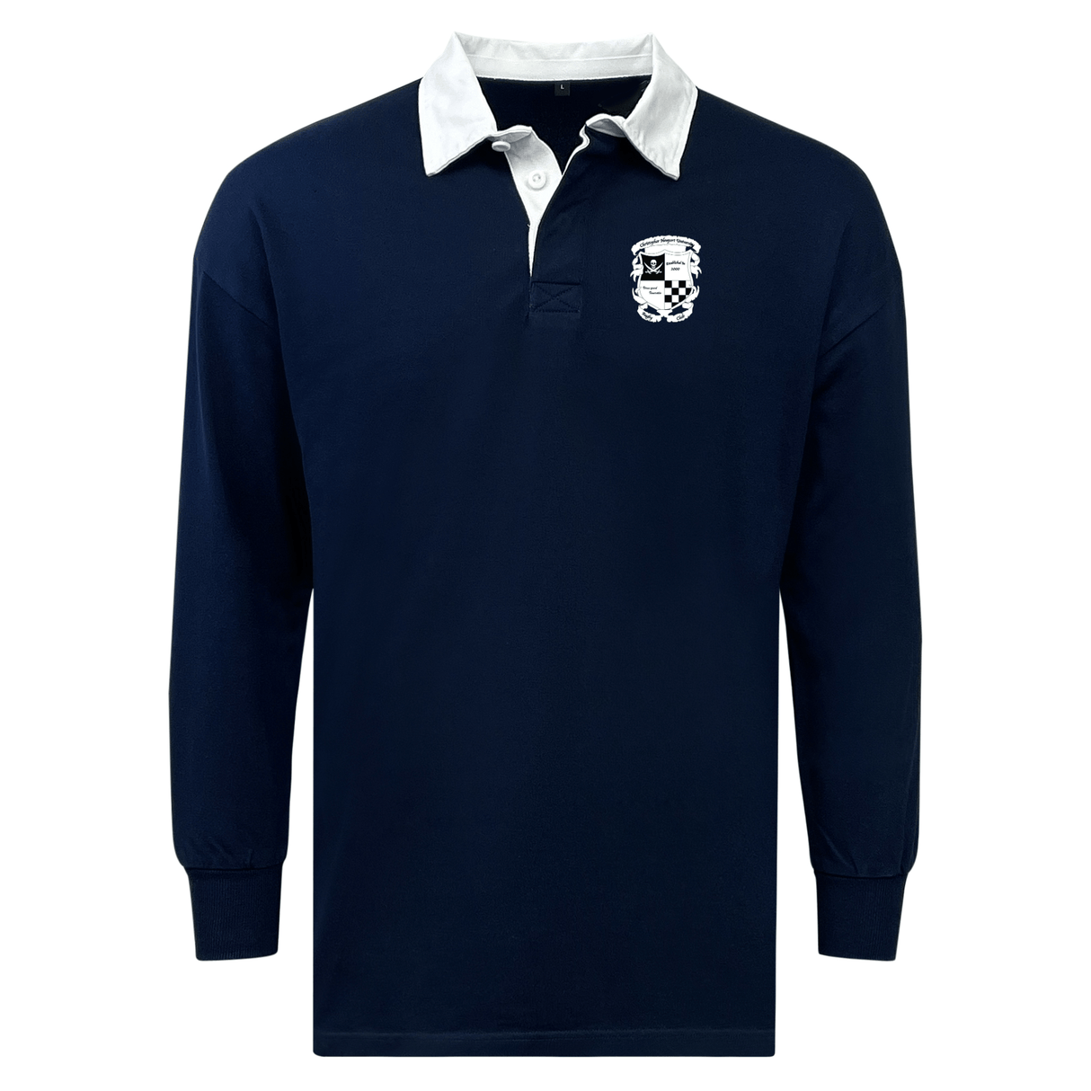 EMB Mudoo's Navy blue long-sleeved Rugby Football Club at Christopher Newport University Classic Long Sleeve Solid Rugby Jersey with a white collar and an embroidered crest on the left chest, made from a cotton/poly blend for fan comfort.