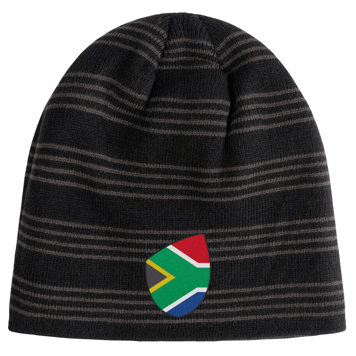 A South Africa Shield Beanie by EMB Canterbury in black with gray stripes, featuring a South African flag emblem on the front.