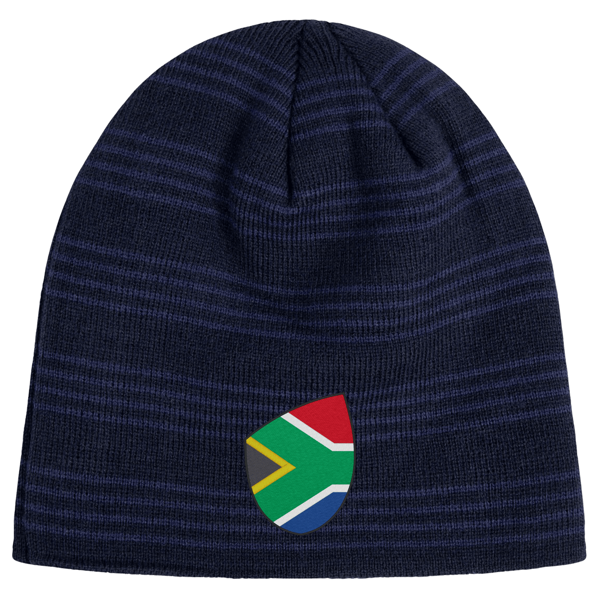 Introducing the South Africa Shield Beanie by EMB Canterbury: a dark blue knit masterpiece featuring subtle stripes and a small South African flag design on the front.