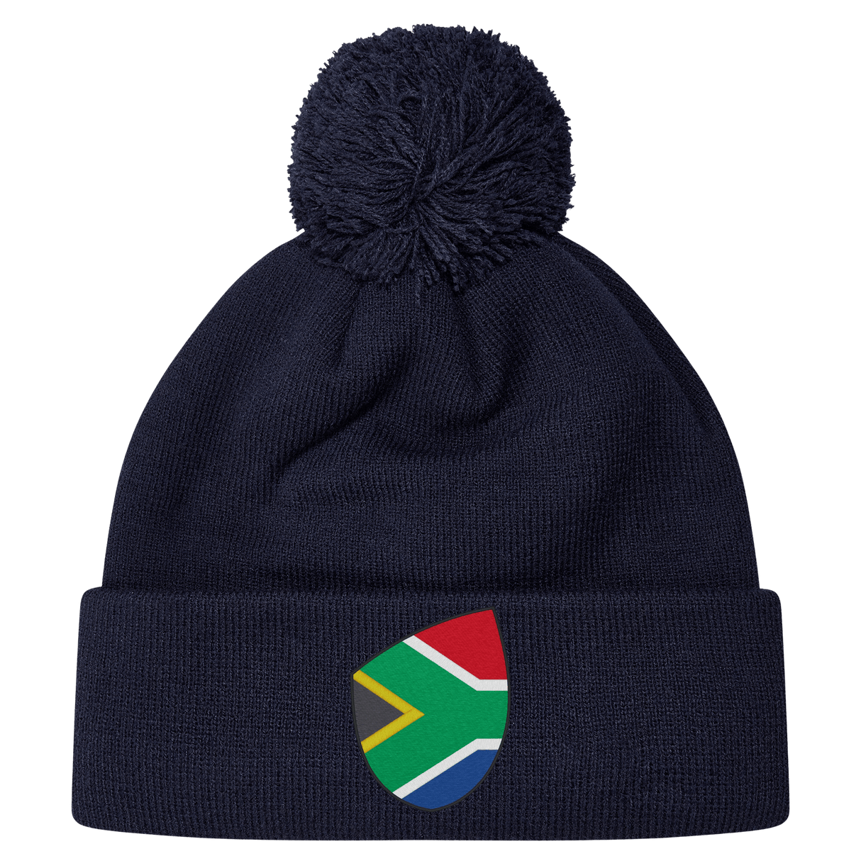 The EMB Canterbury South Africa Shield Pom Pom Beanie is a navy blue beanie featuring a patch with the iconic South Africa Shield design on the front.