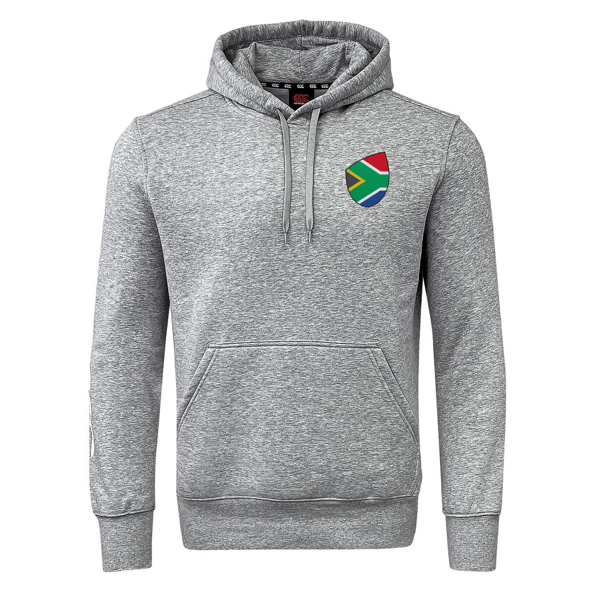 The South Africa Shield Club Hoodie by EMB Canterbury is a gray hoodie with a small South African flag emblem on the left chest, featuring a front pocket and drawstring hood—a perfect choice for rugby supporters.