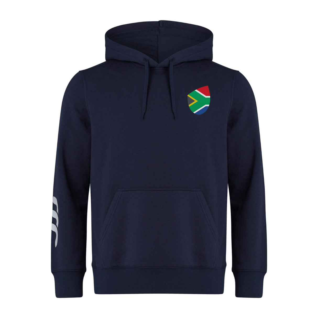 The South Africa Shield Club Hoodie by EMB Canterbury is a navy blue hoodie perfect for rugby fans, featuring a South African flag emblem on the chest and three white stripes on the left sleeve for a sleek look.