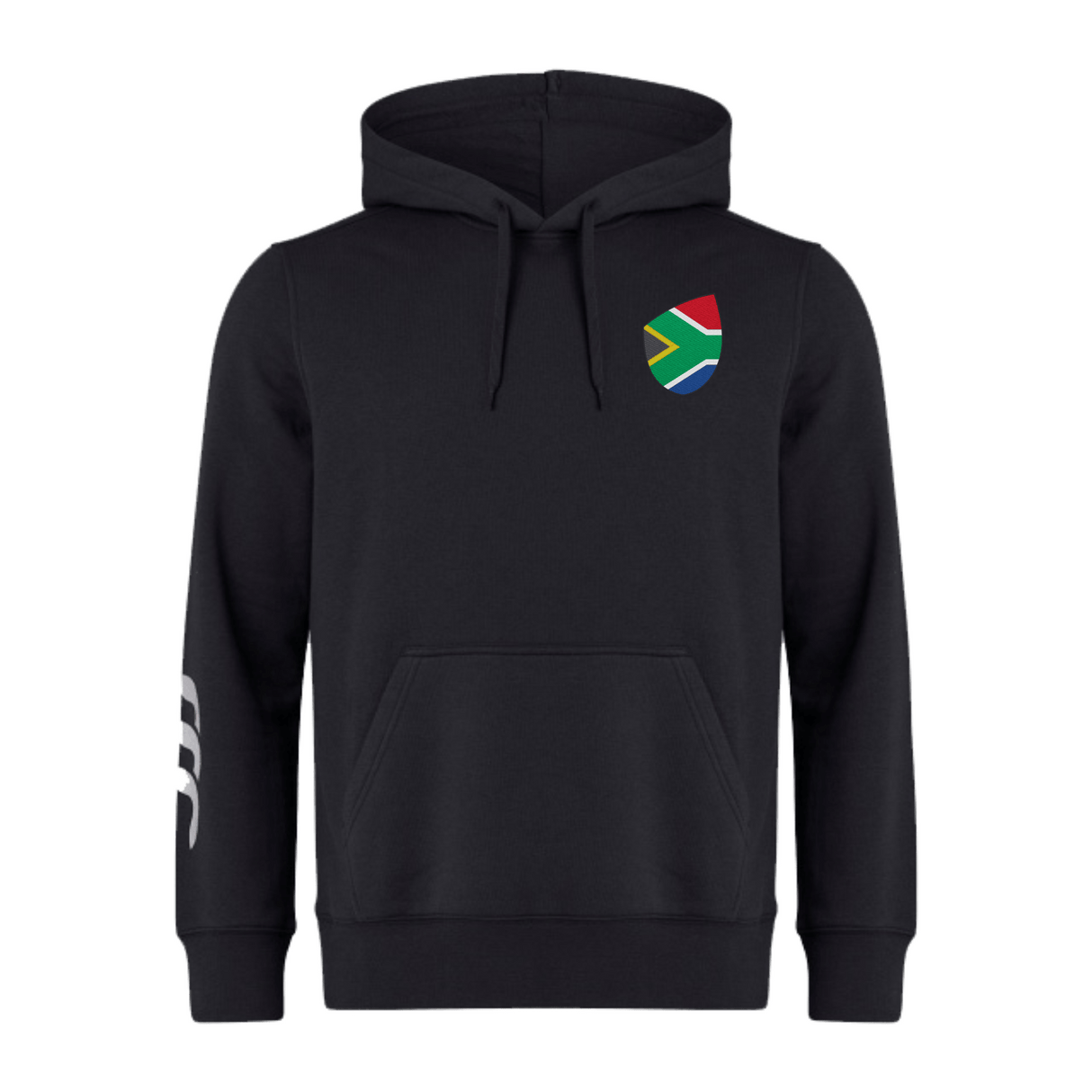 The EMB Canterbury South Africa Shield Club Hoodie features a small South African flag patch on the left chest and three white stripes on the right sleeve, ideal for passionate Rugby supporters.