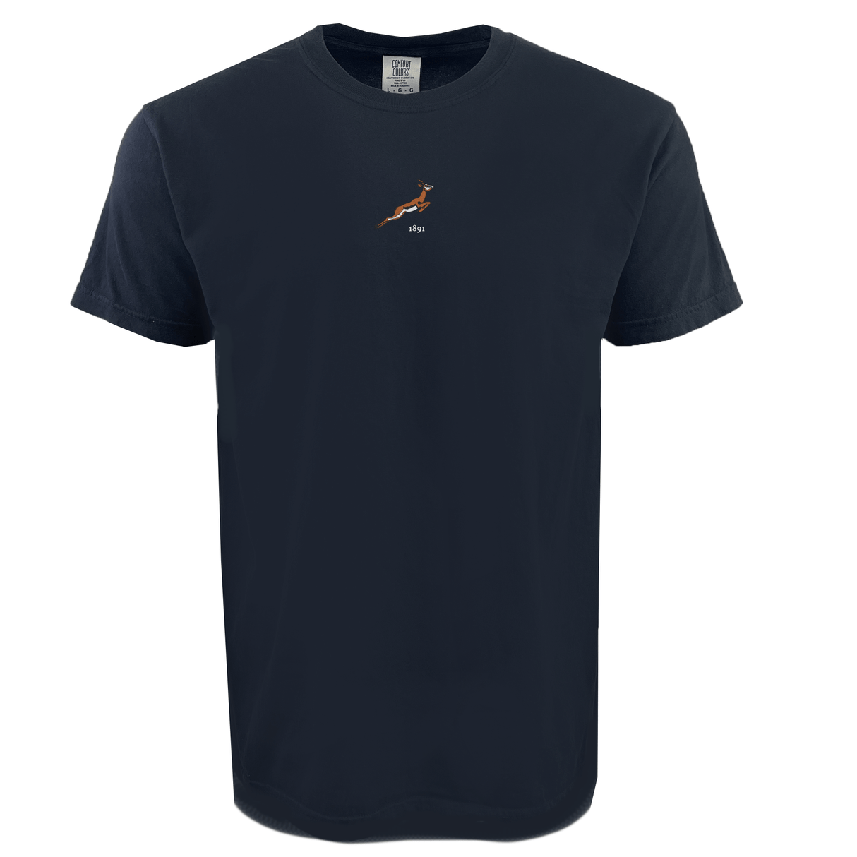 The South Africa Vintage Comfort Tee by EMB S&S Activewear is a black shirt featuring a small leaping antelope graphic above "skip" on the chest—ideal for rugby fans wanting a unique take on classic style.