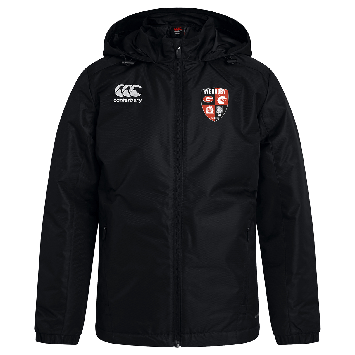 Black Rye High School Rugby Club Vaposhield Stadium Jacket with a hood, team logo on the left chest, and VapoShield water repellent technology by EMB Canterbury.