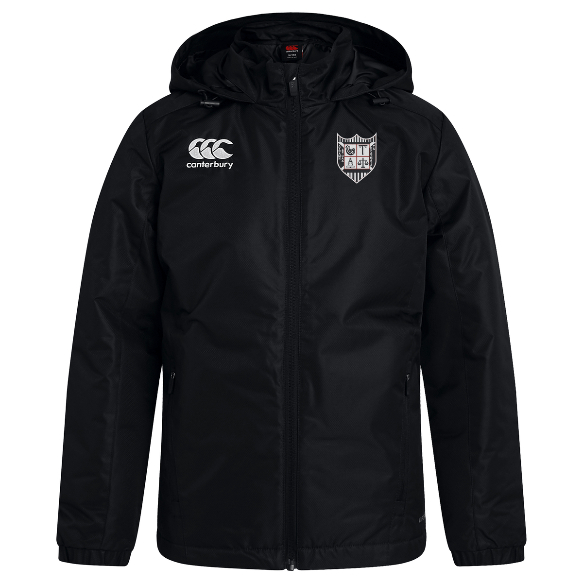 EMB Canterbury black Troy University Rugby Club Vaposhield stadium jacket with a zipper, featuring a crest on the chest and the Canterbury logo on the right side.