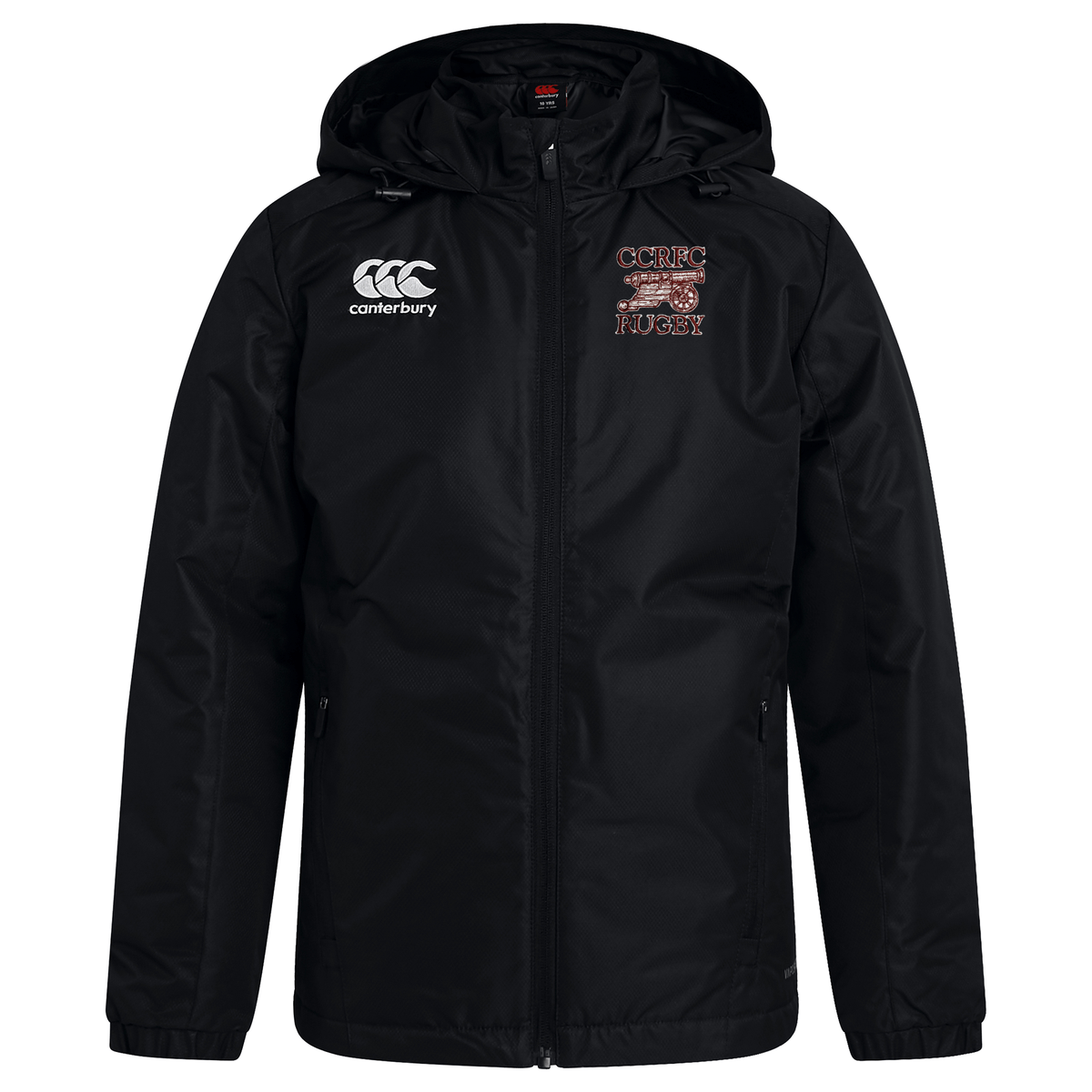 EMB Canterbury Concord Carlisle Rugby Club Vaposhield Stadium Jacket with VapoShield Technology, featuring a logo on the right chest and "ccrc house" embroidered on the left, displayed against a white background.