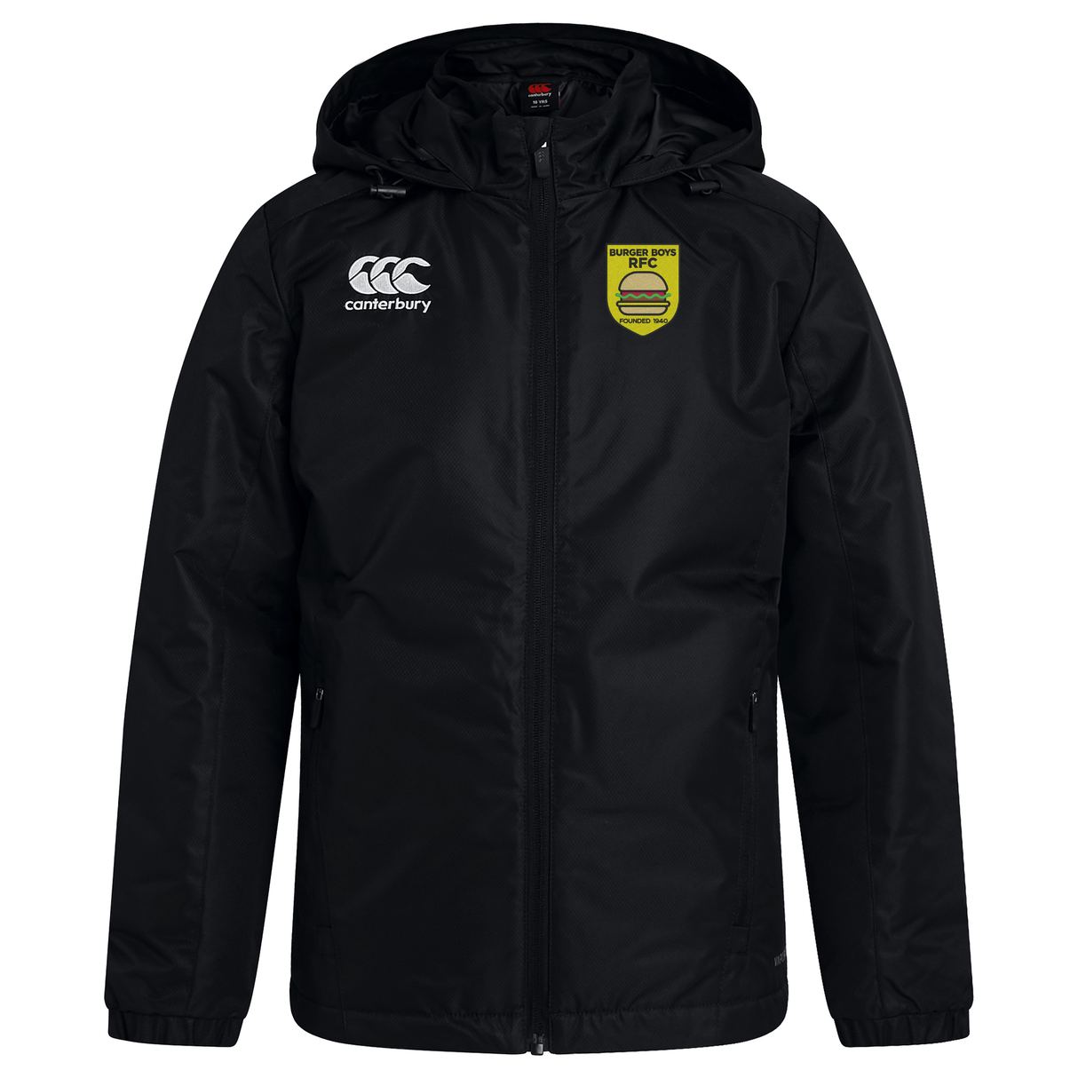Black Burger Boys RFC Club Vaposhield Stadium Jacket by EMB Canterbury with logos on the left chest and right arm, displayed against a white background.