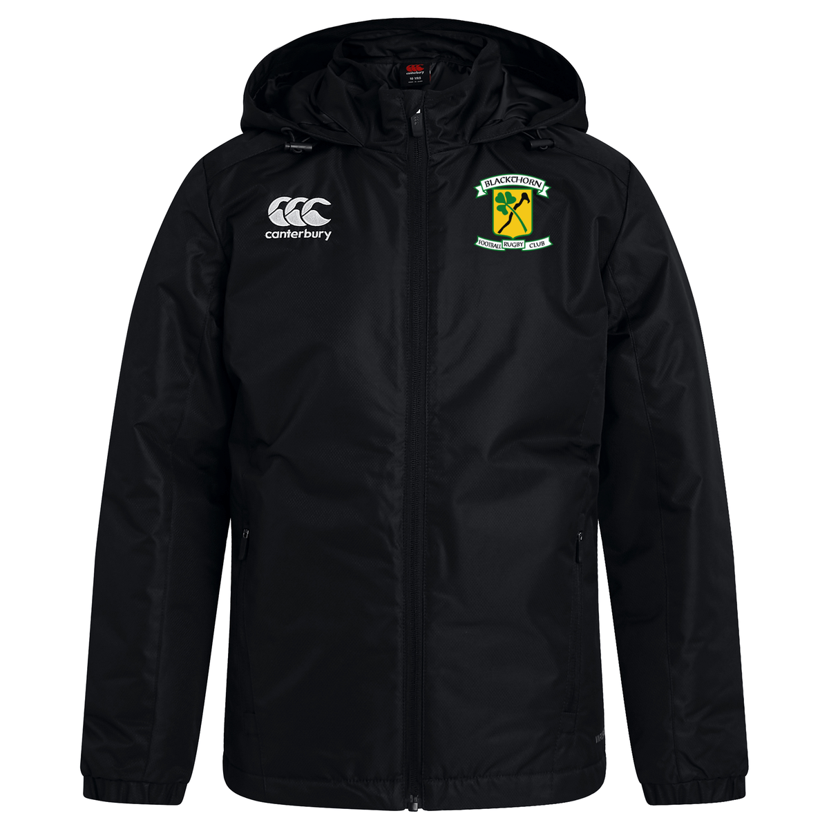 Black Blackthorn RFC Club Vaposhield Stadium Jacket by EMB Canterbury hooded jacket with the Australian cricket team logo and Canterbury logo on the chest.