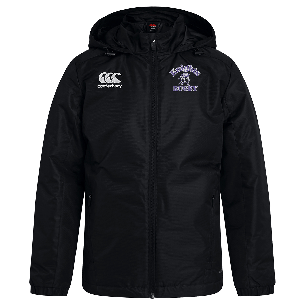 Ardrey Kell Rugby Club Vaposhield Stadium Jacket by EMB Canterbury with the EMB Canterbury logo on the left chest, "Knights Rugby" embroidered on the right chest, padded insulation, and a water-repellent hood.