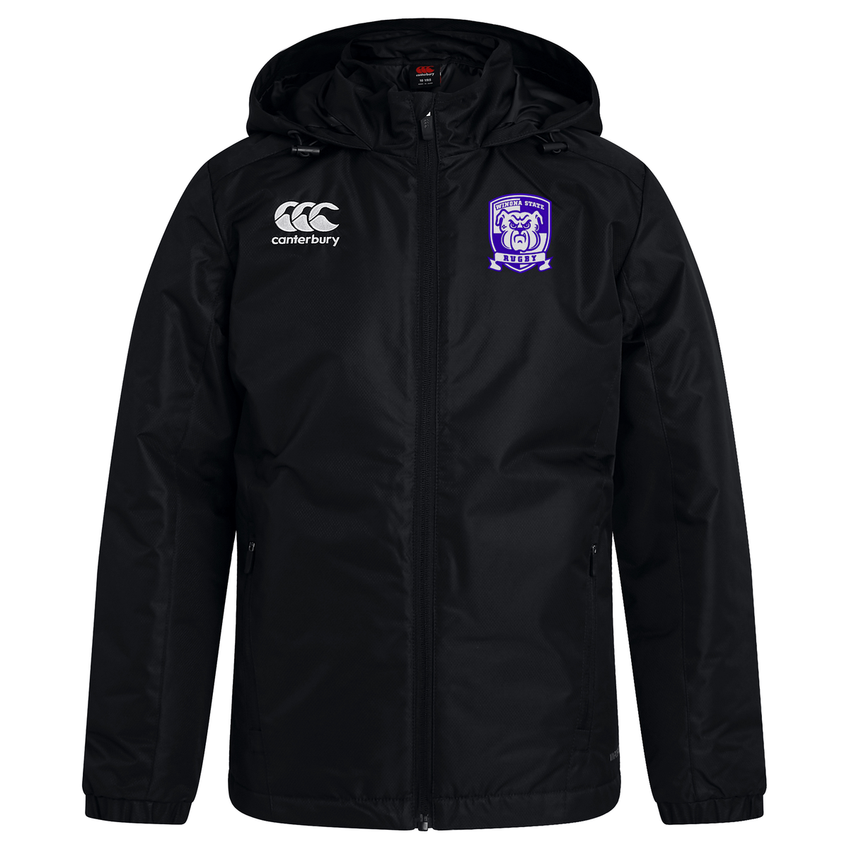 Black hooded jacket with a zip front. It features padded insulation for extra warmth, a white EMB Canterbury logo on the right chest, and a purple club crest on the left chest. This water repellent Winona State University Club Vaposhield Stadium Jacket by Canterbury is perfect for keeping you comfortable in unpredictable weather.