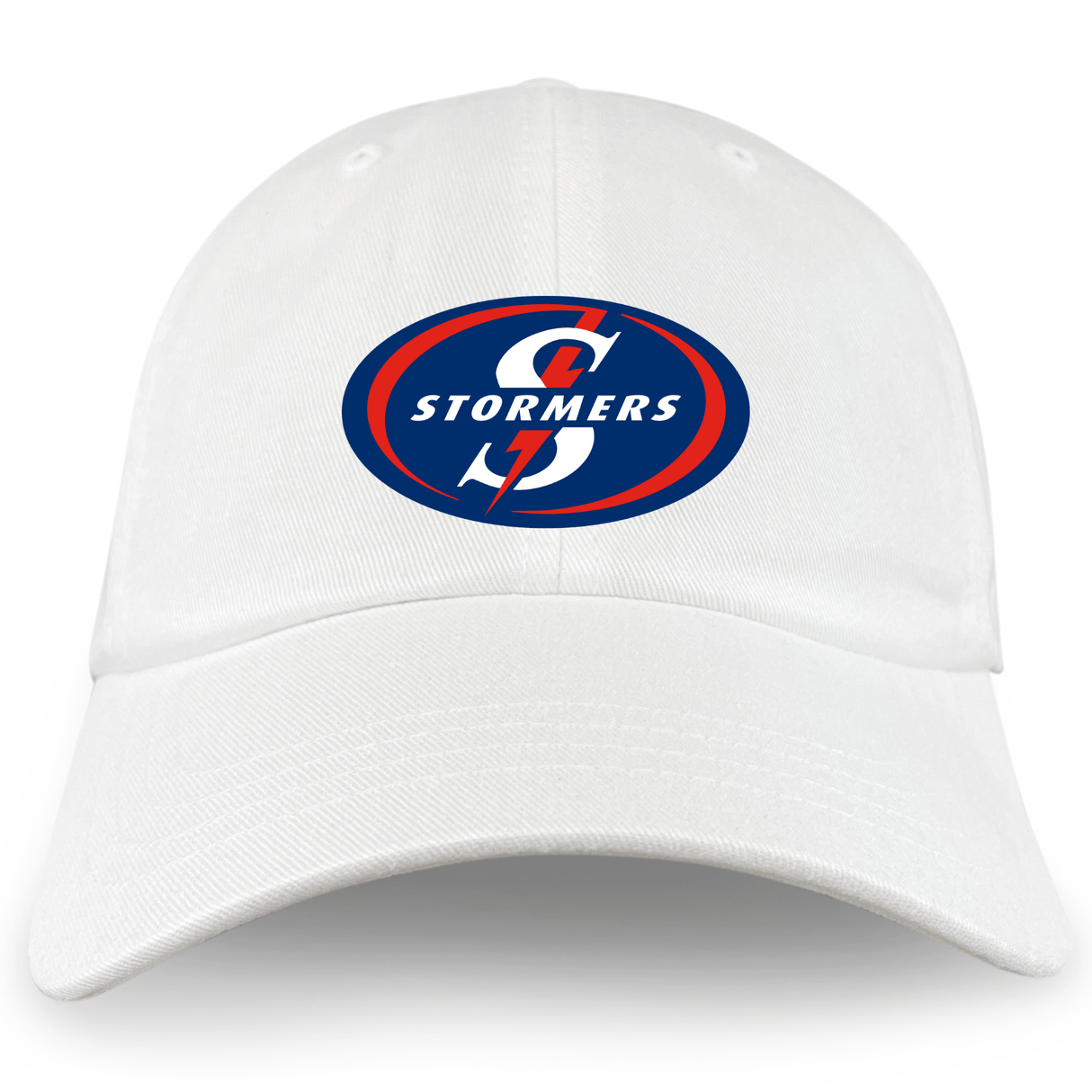The Stormers Rugby Cotton Twill Dad Cap by EMB S&S Activewear features vibrant blue, red, and white embroidered team logo branding on the front.
