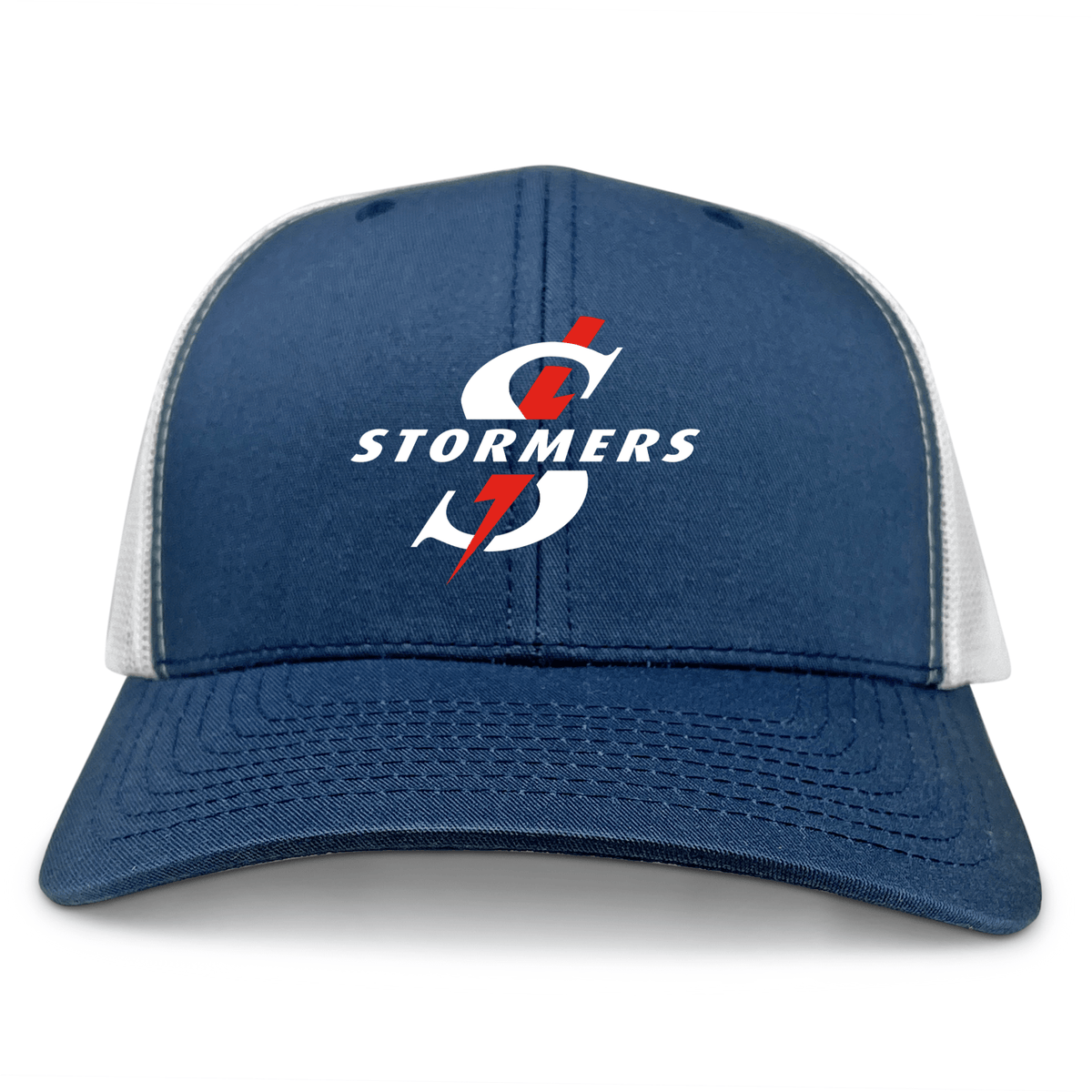 The Stormers Text Logo Retro Trucker Cap by EMB S&S Activewear features blue and white panels, a stylized "S" with red lightning bolt, and embroidered Stormers branding on the front.