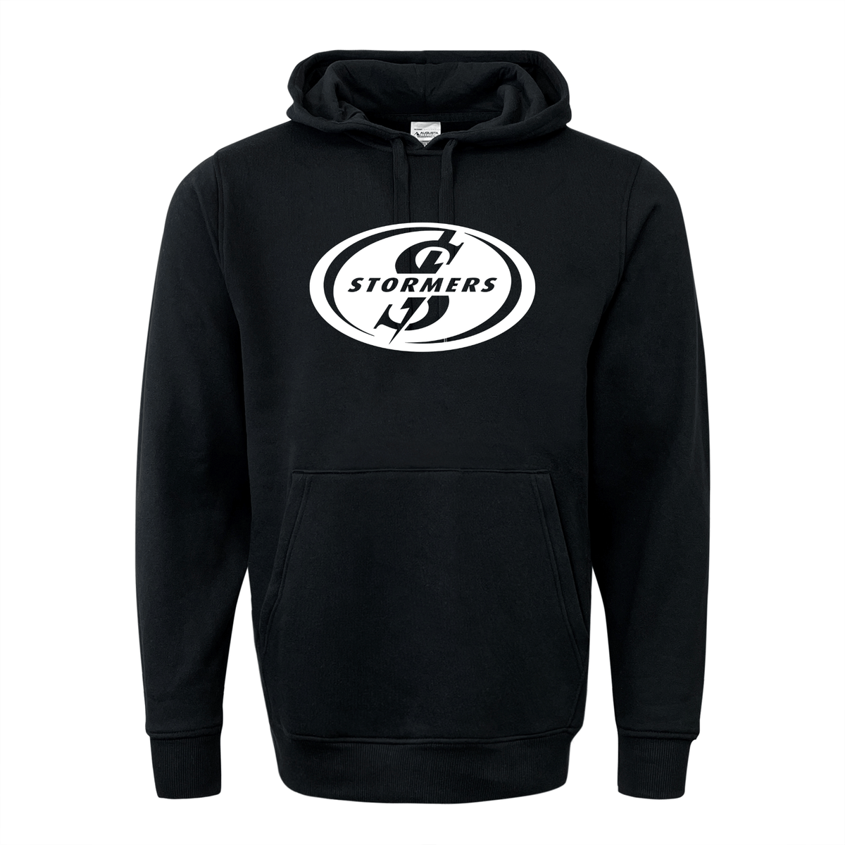 The Stormers 60/40 Pullover Hoodie by WRS Augusta is a black fleece with a bold white Stormers chest logo, front pocket, and drawstring hood—perfect for any rugby fan’s hoodie collection.