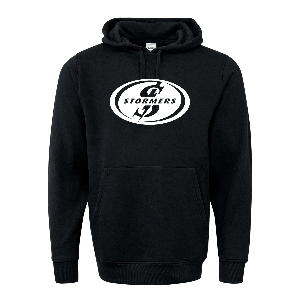 The Stormers 60/40 Pullover Hoodie by WRS Augusta is a black fleece with a bold white Stormers chest logo, front pocket, and drawstring hood—perfect for any rugby fan’s hoodie collection.