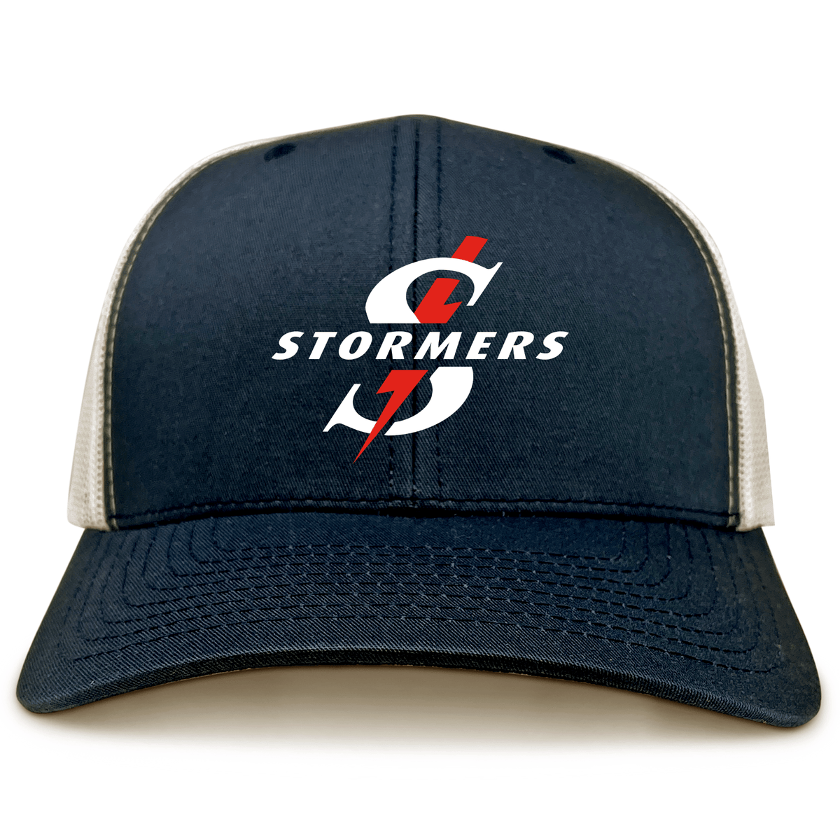 The Stormers Text Logo Retro Trucker Cap by EMB S&S Activewear features navy blue and white panels, a stylized "S," "STORMERS" text, red lightning bolt, and bold embroidered Stormers branding—perfect for South Africa Stormers fans.