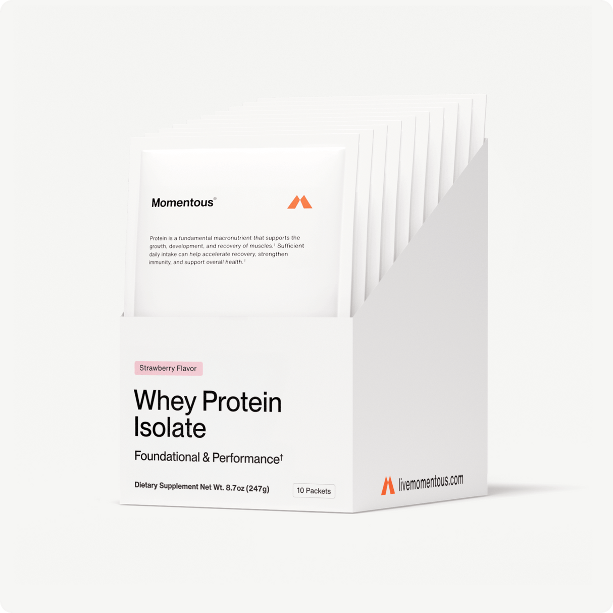 Momentous Whey Protein Isolate 10-Travel Packs, strawberry flavor, supports foundational and performance use. Each box from Momentous contains 10 convenient packets.