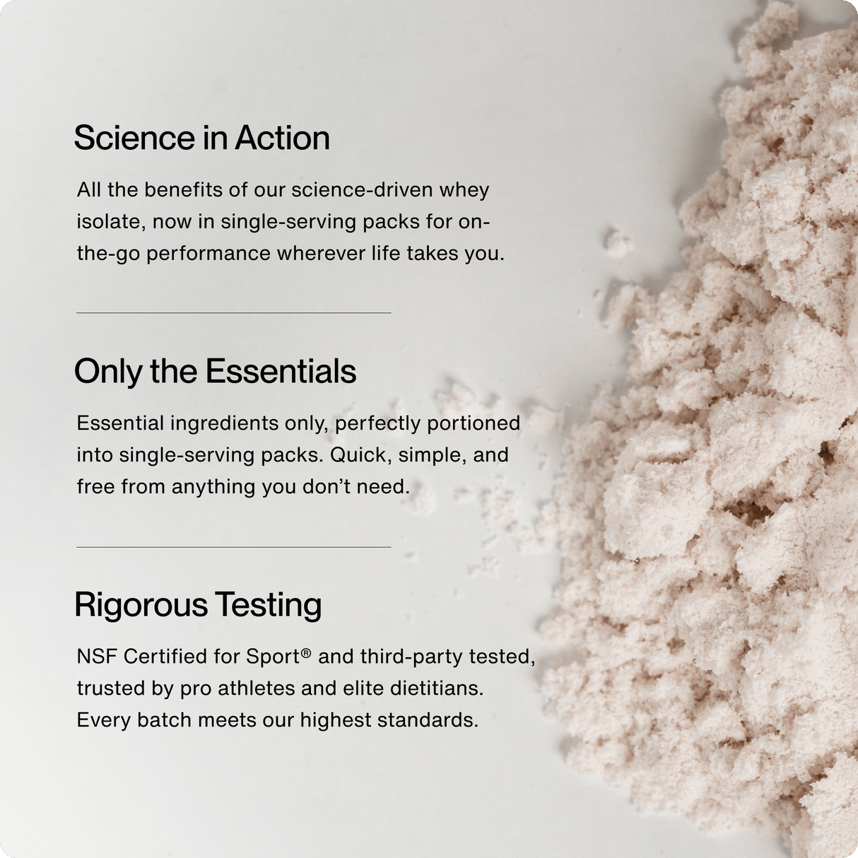 Momentous Whey Protein Isolate 10-Travel Packs shown right; left text highlights its science-driven formula, grass-fed protein, and rigorous testing by Momentous for quality and performance.