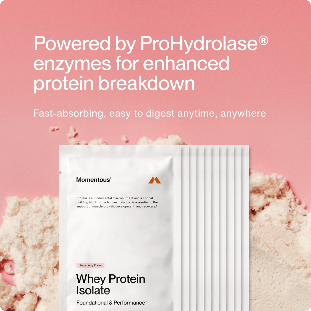 A pack of Momentous Whey Protein Isolate 10-Travel Packs rests on pink powder, with text highlighting ProHydrolase enzymes for better protein breakdown and rapid absorption.