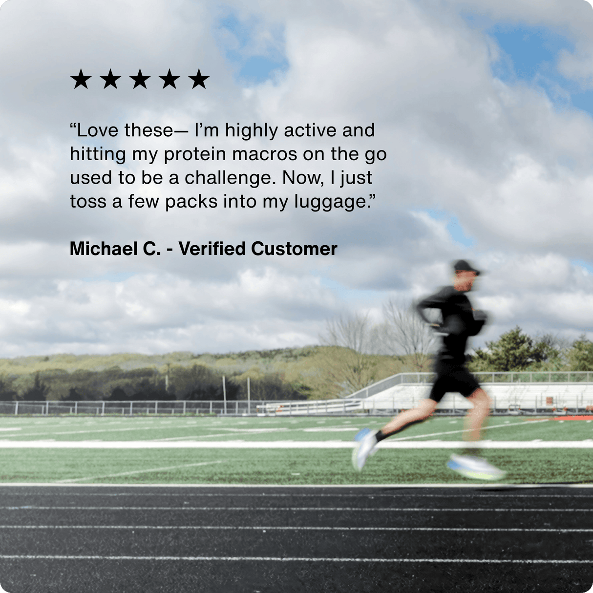 A blurred runner moves on a track, while a testimonial and five-star rating for Momentous Whey Protein Isolate 10-Travel Packs by Momentous are displayed above.