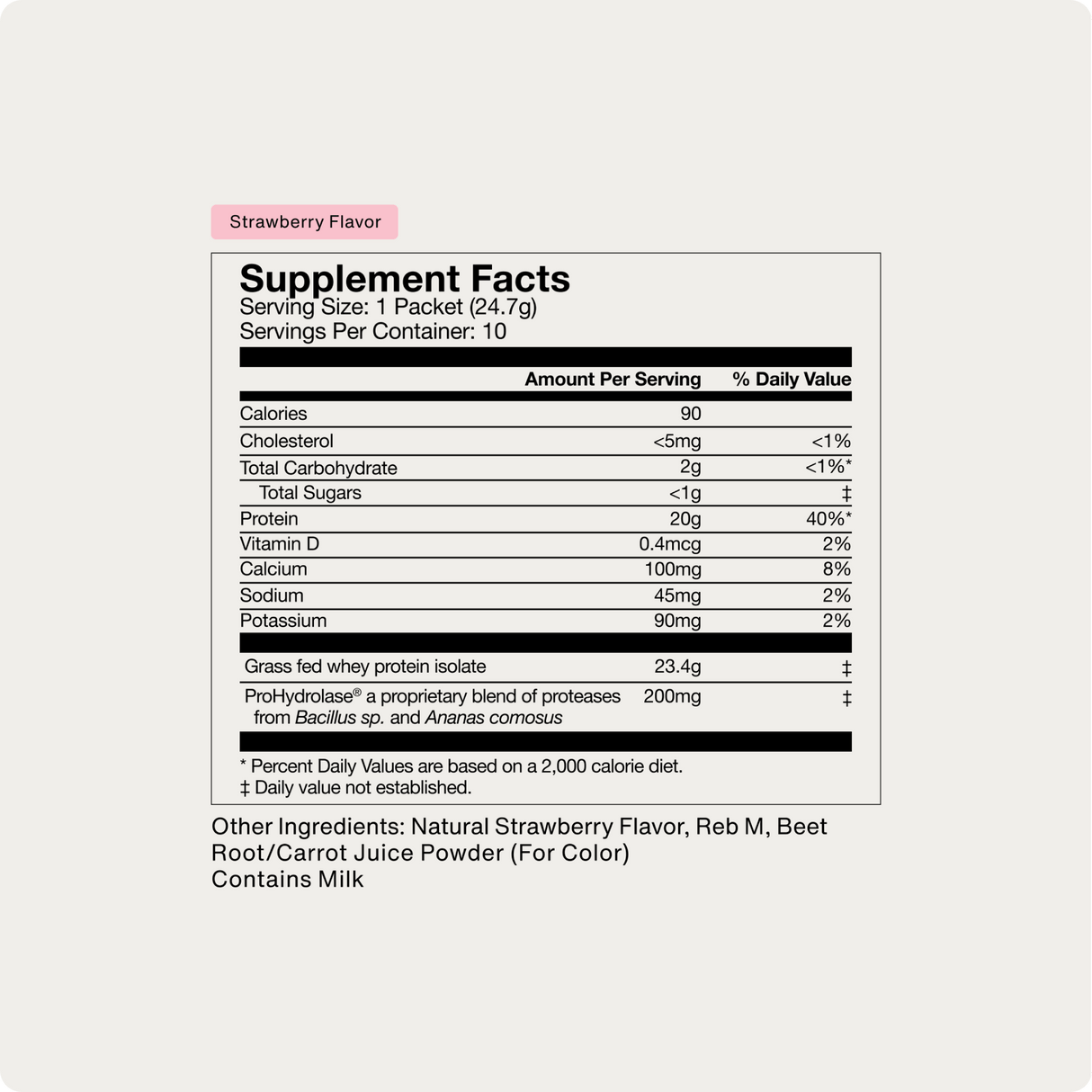 Supplement Facts label for Momentous Whey Protein Isolate 10-Travel Packs, strawberry flavor, featuring grass-fed protein, nutritional values, ingredients list, and serving size per travel pack from Momentous.