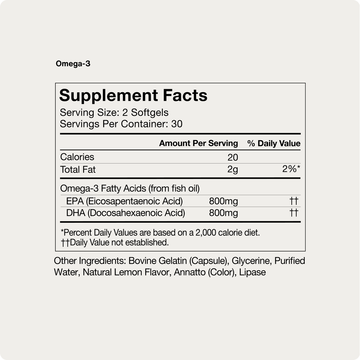 Momentous Omega-3 Supplement Facts label displays calories, fat, EPA and DHA amounts, serving size, and ingredients—supporting brain and heart health. Brand: Momentous.