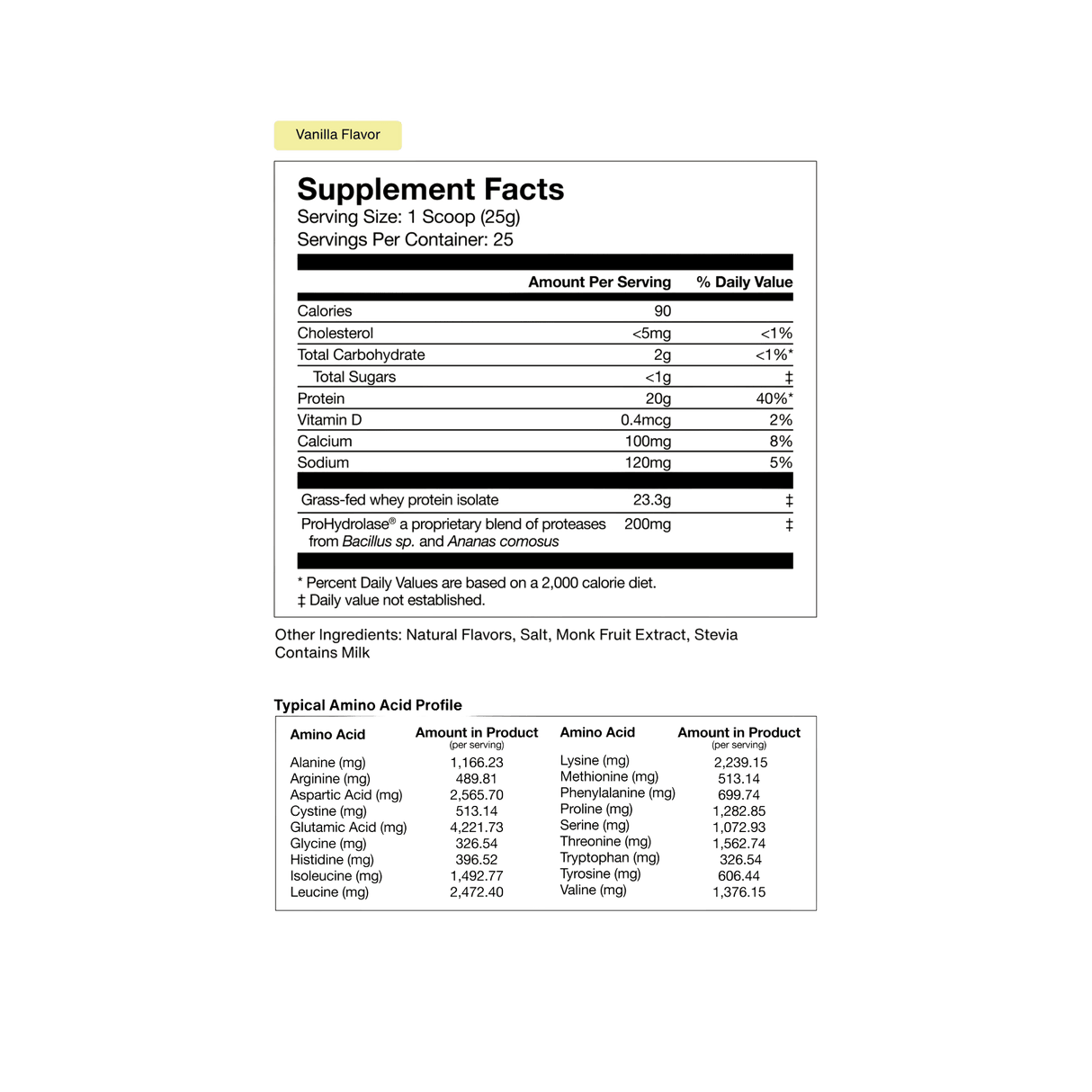 Momentous Whey Protein Isolate supplement facts label details nutrition, a grass-fed protein ingredients list, and an amino acid profile chart for muscle recovery. Flavor: vanilla. Brand: Momentous.
