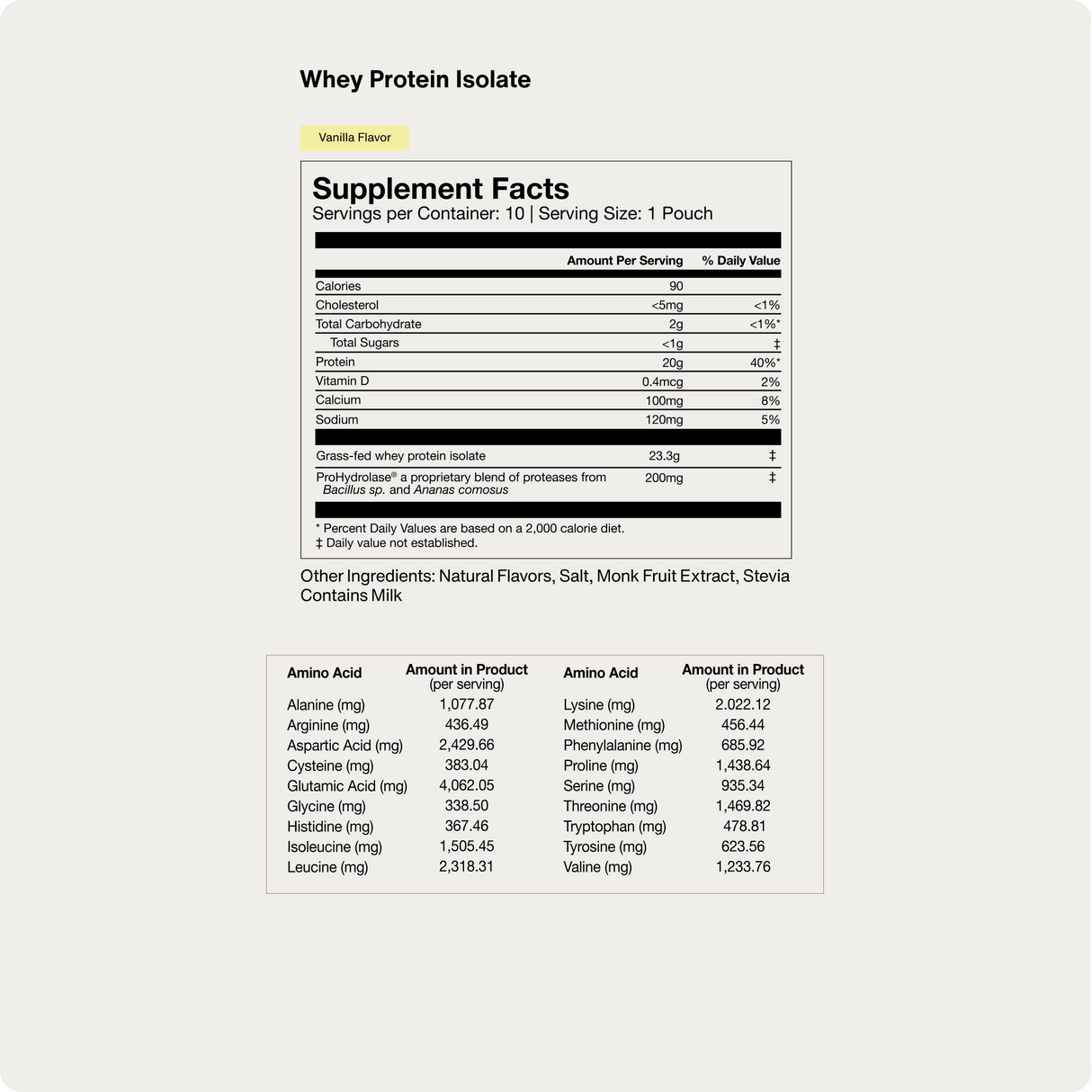 Supplement facts label for Momentous Whey Protein Isolate 10-Travel Packs, vanilla flavor, by Momentous. Shows nutrition info, amino acid profile, ingredients, and serving size per pouch in black text on a white background—ideal for travel.