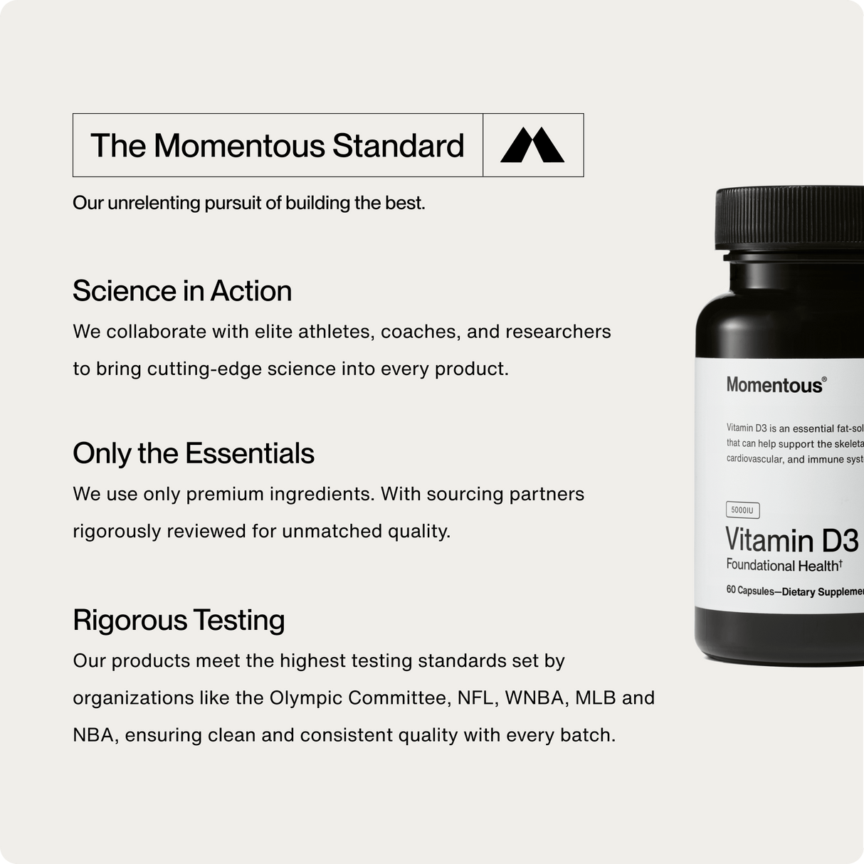 A promotional image for Momentous Vitamin D3 5000 IU showcases the brand’s dedication to quality, science, and premium ingredients—featuring benefits for bone strength and immune health, with a partial bottle visible on the right.