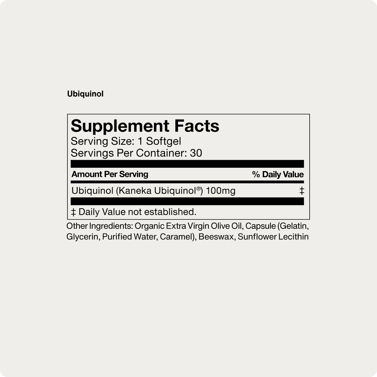 Supplement facts label for Momentous Ubiquinol by Momentous: premium CoQ10 supplement supporting mitochondrial function; each softgel contains 100 mg ubiquinol, 30 servings per container, plus other listed ingredients.