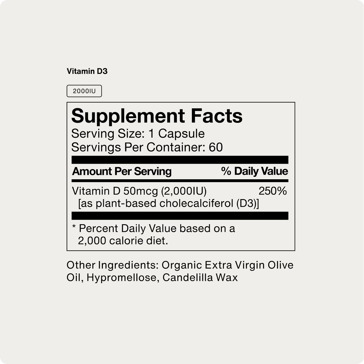 Momentous Vitamin D3 2000 IU: 1 capsule per serving, 60 servings per container, supports bone health with 250% daily value. Now available as vegan vitamin D3 from Momentous. Additional ingredients listed below.